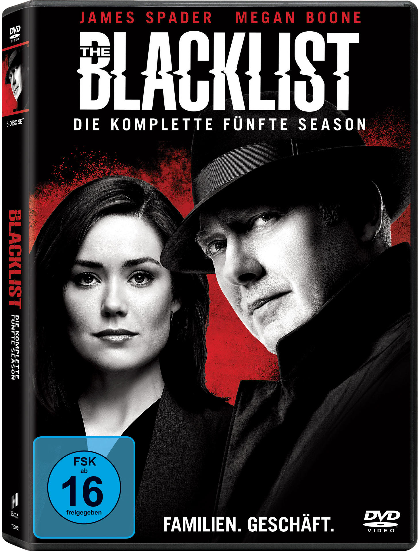 DVD-Hülle von 'The Blacklist'. Ein Mann und eine Frau sind auf der Vorderseite. Der Hintergrund ist rot.