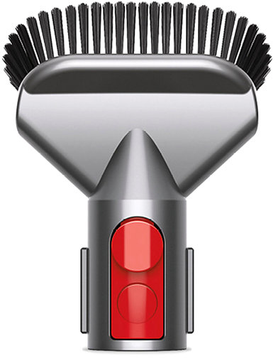 Dyson Staubsaugeraufsatz. Silber, mit schwarzen Borsten und einem roten Knopf.