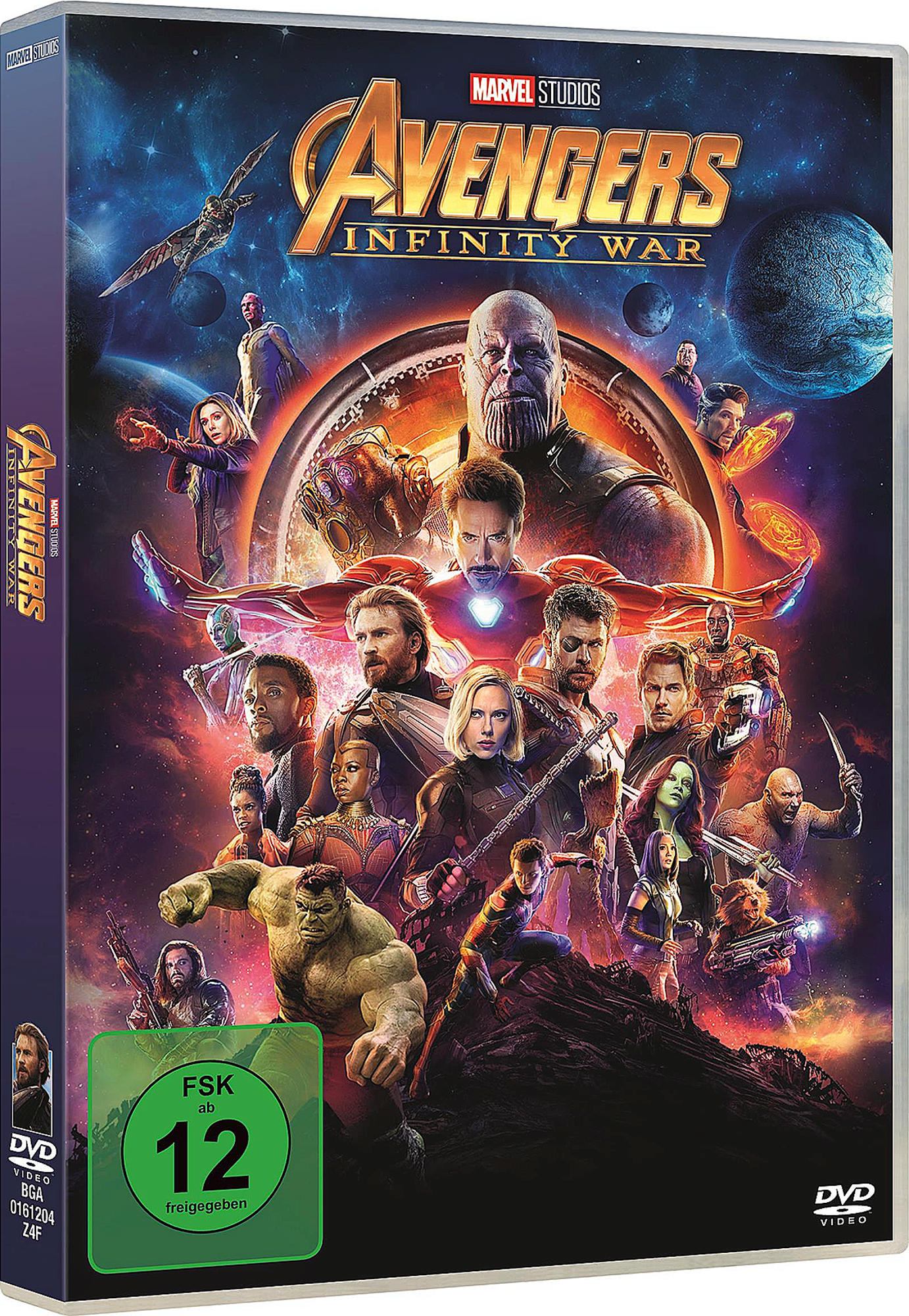 DVD-Cover von Avengers: Infinity War. Das Cover zeigt mehrere Superhelden und Thanos im Hintergrund.