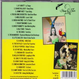 Rückseite einer Musik-CD, Trackliste, Albumcover mit Frau und Papagei, grüner Hintergrund.