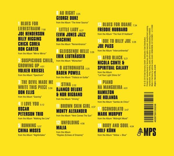 Gelbes Albumcover mit Songtiteln, Künstlernamen und Albumdetails.