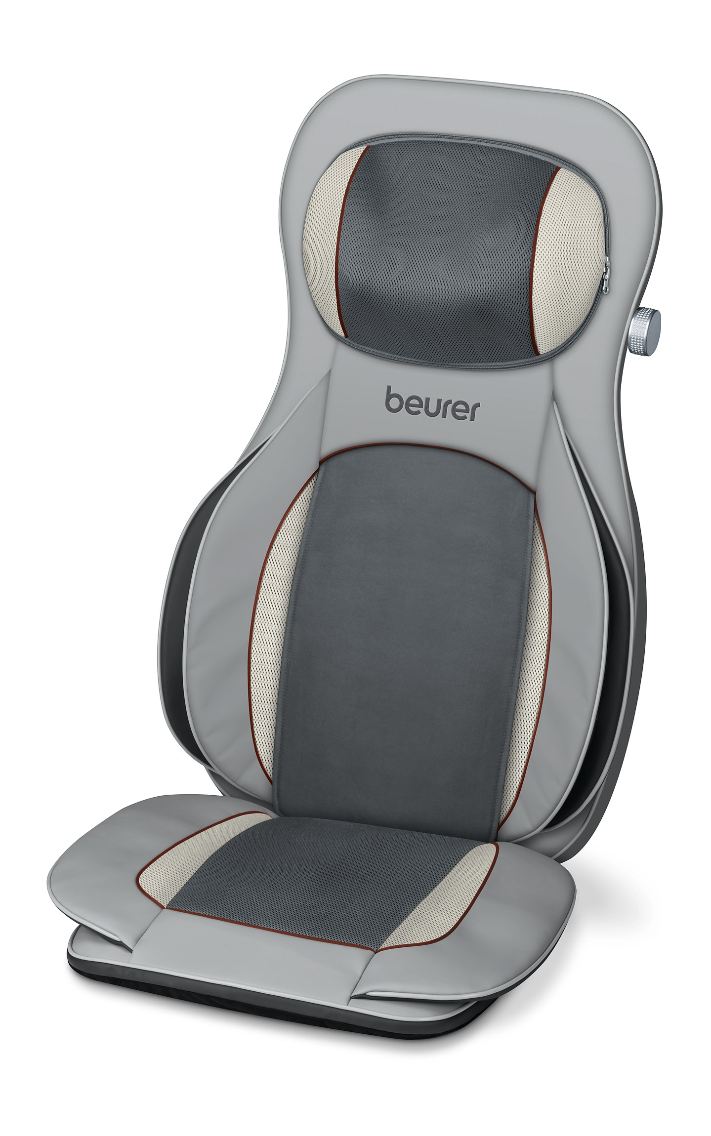 Un siège de fauteuil de massage gris avec des accents gris et rouges, avec le logo 'Beurer'.