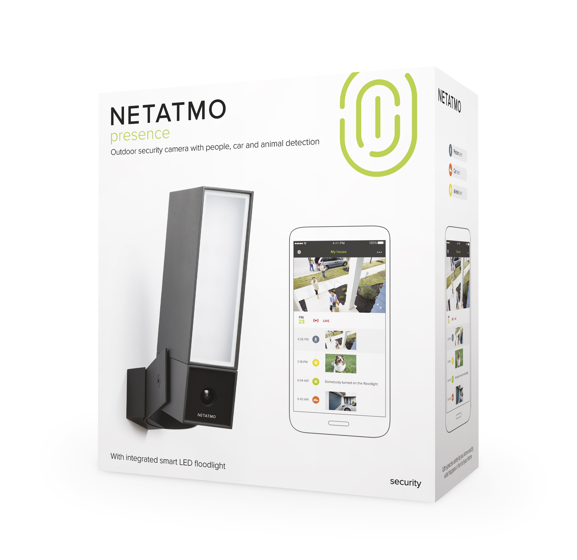 Netatmo Presence beveiligingscamera doos. Toont camera en een telefoon met een startscherm.