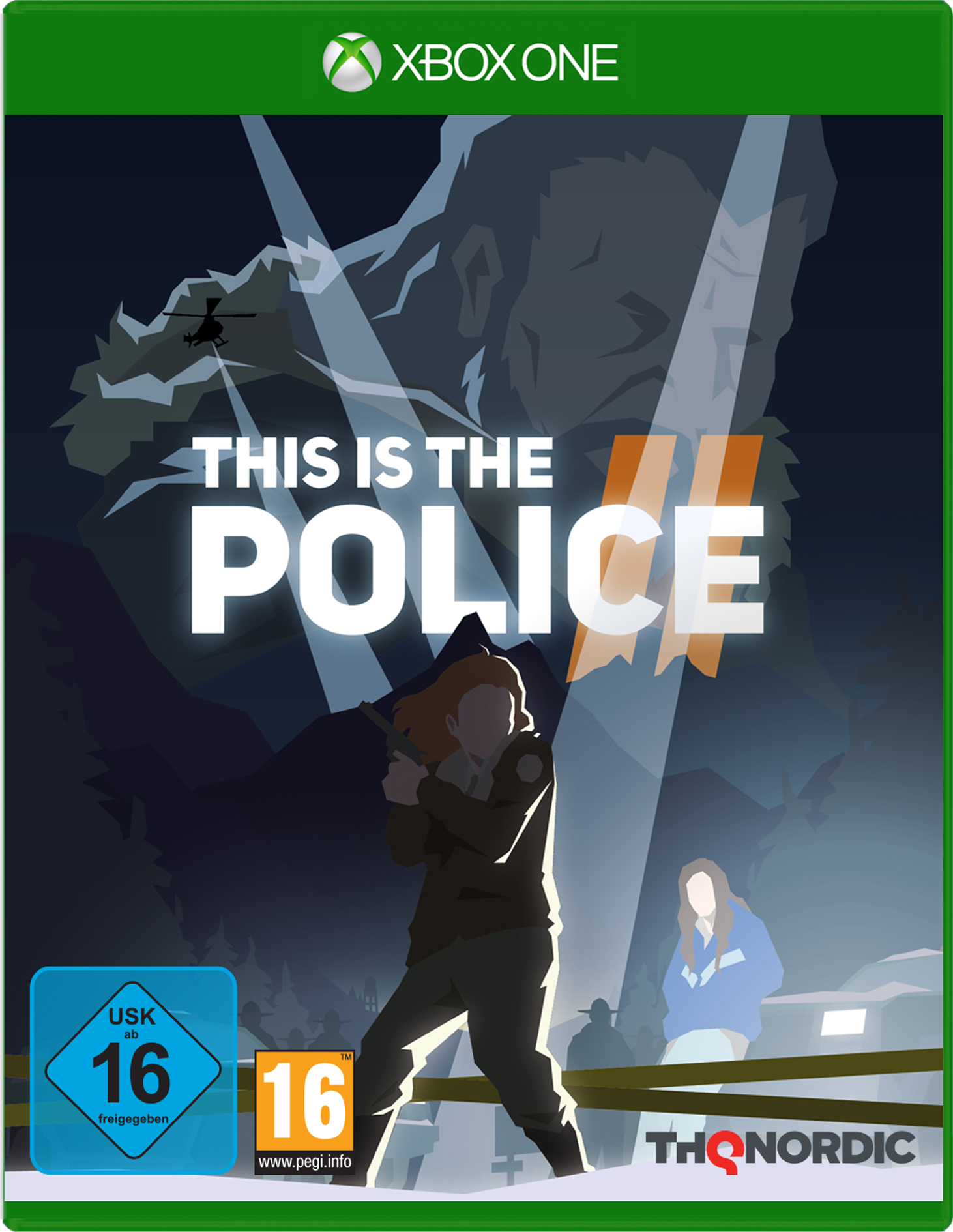 This is the Police 2 Game-Cover. Eine Frau im Trenchcoat zielt mit einer Waffe. Ein Licht scheint auf sie.
