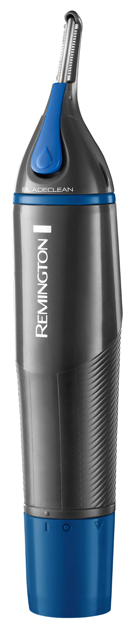A black and blue Remington nose and ear hair trimmer, standing upright, white background.