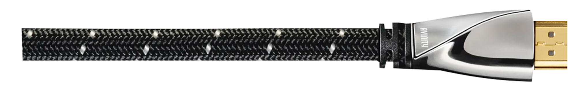Black and silver HDMI cable with gold-colored connector.
