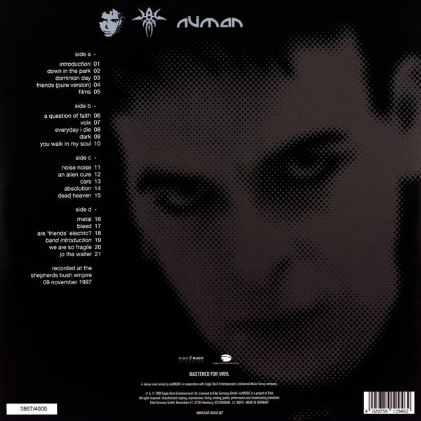 Albumcover mit Numans Gesicht und Trackliste. Schwarz-Weiß-Design. Text mit Seite A, Seite B usw.