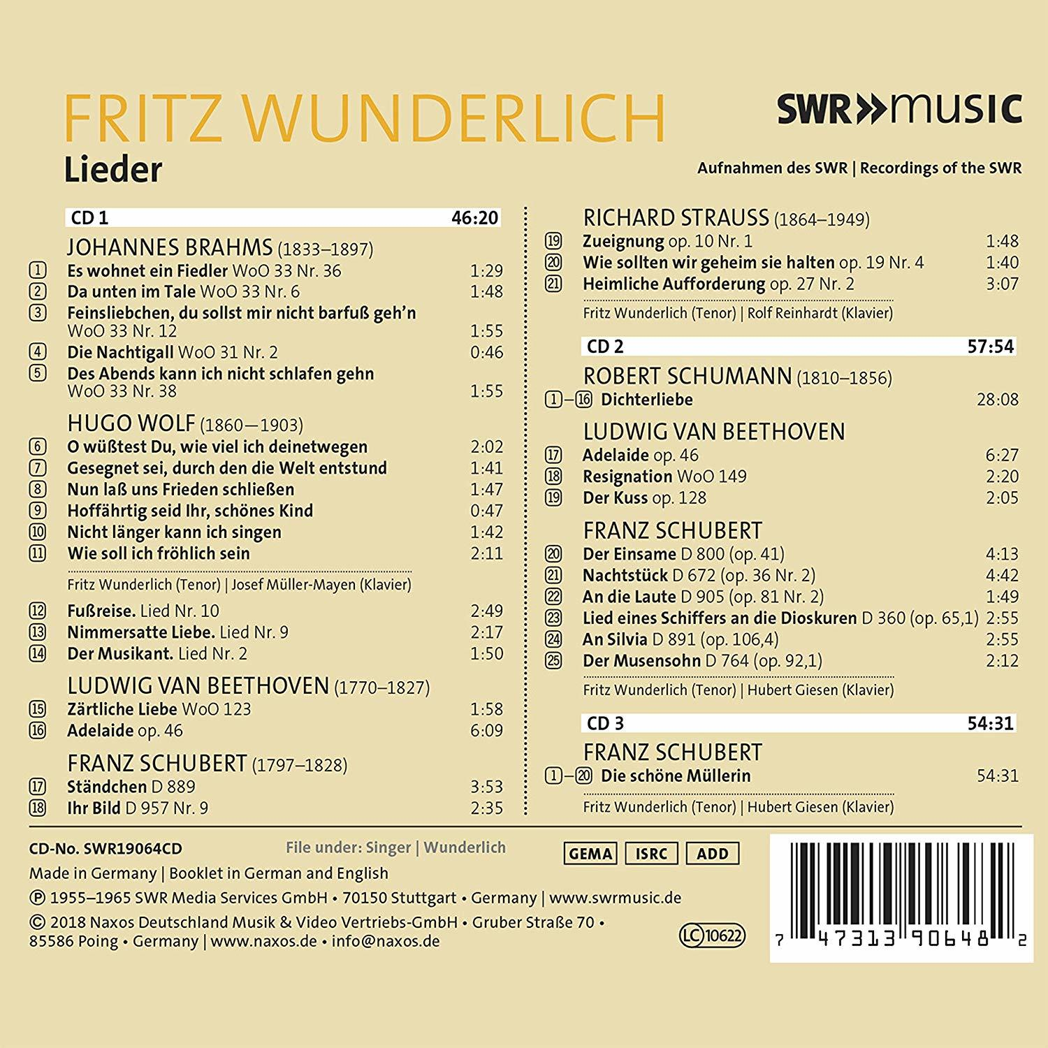 CD-Cover für Fritz Wunderlichs Lieder. Es enthält eine Liste der Songs und die Informationen des Künstlers.