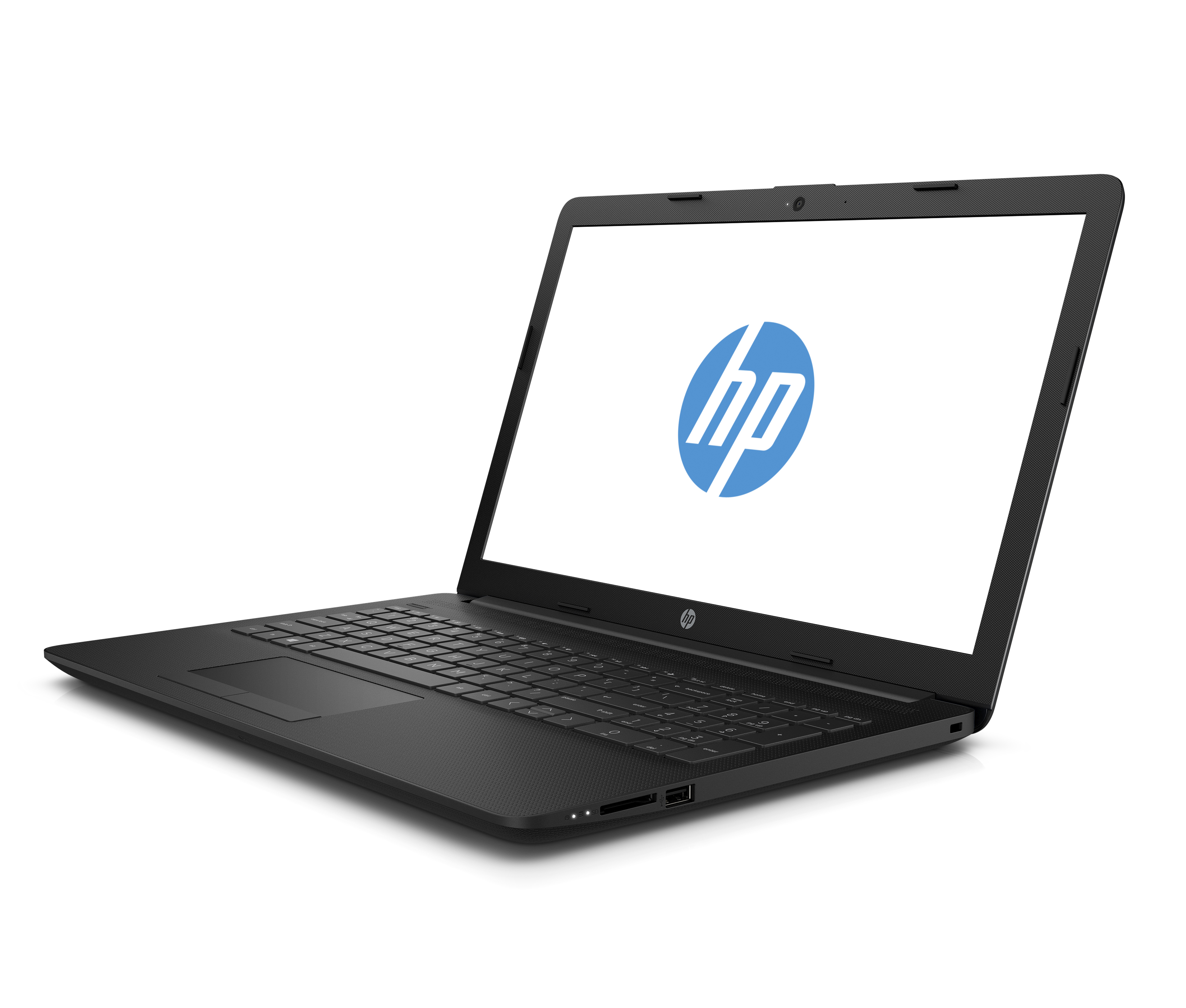 Ein schwarzer HP Laptop mit einem blauen HP-Logo auf dem weißen Bildschirm, isoliert auf weißem Hintergrund.