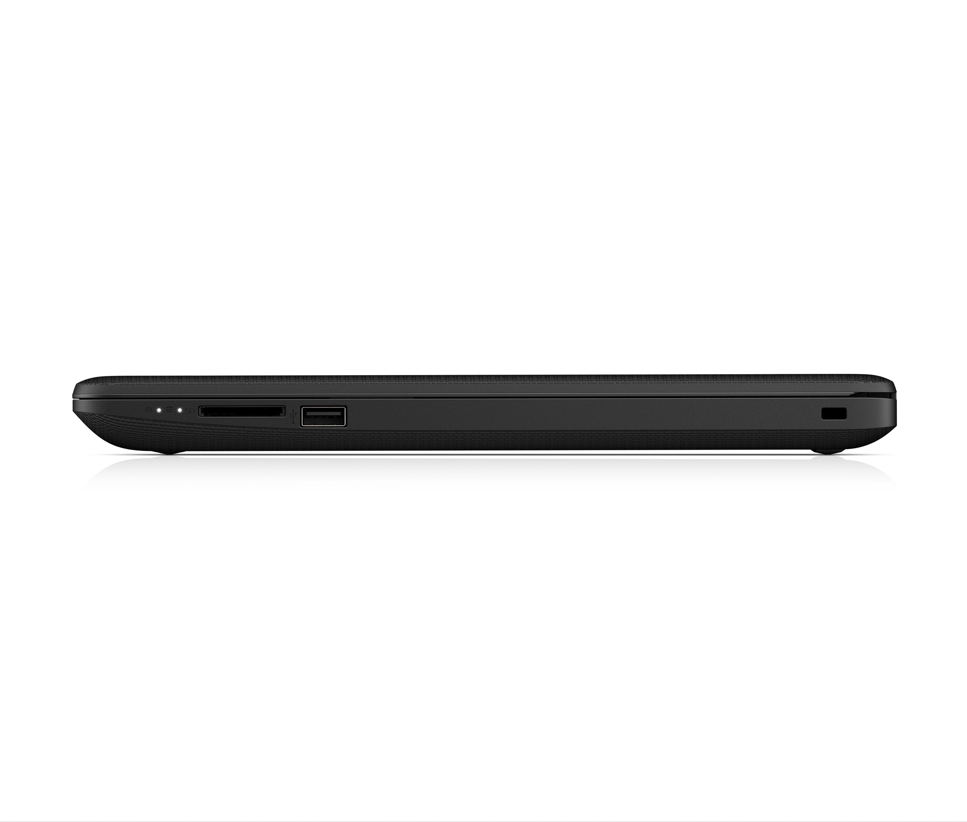 Seitenansicht eines geschlossenen schwarzen Laptops mit sichtbaren Anschlüssen und LED-Anzeigen auf weißem Hintergrund.