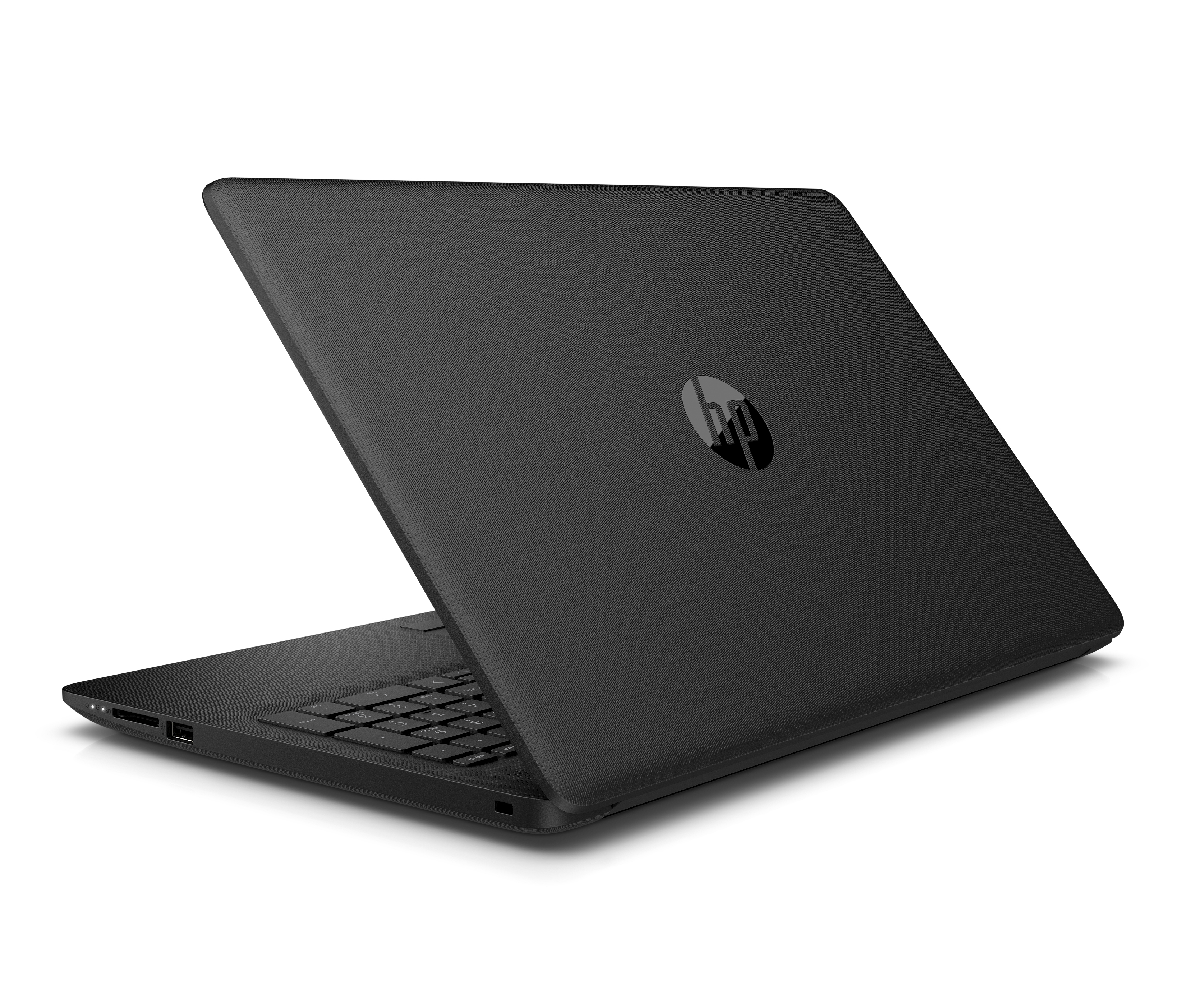 Ein geschlossener schwarzer HP-Laptop auf weißem Hintergrund, der die Rückseite mit dem Logo zeigt.