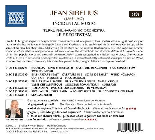 Rückseite der CD von Jean Sibelius' Incidental Music. Text auf der Rückseite mit Details zur Musik.