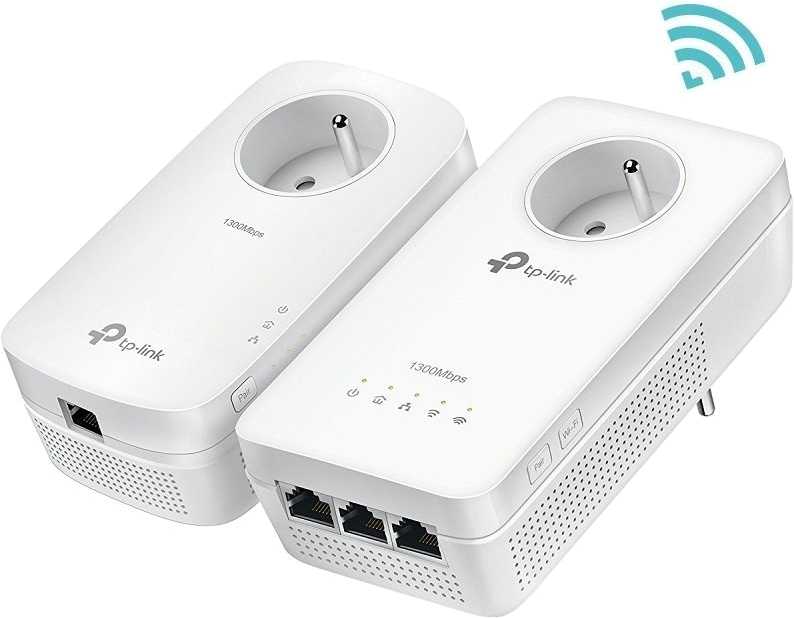 Two white TP-Link powerline adapters. They have plugs and multiple ports for network connections.