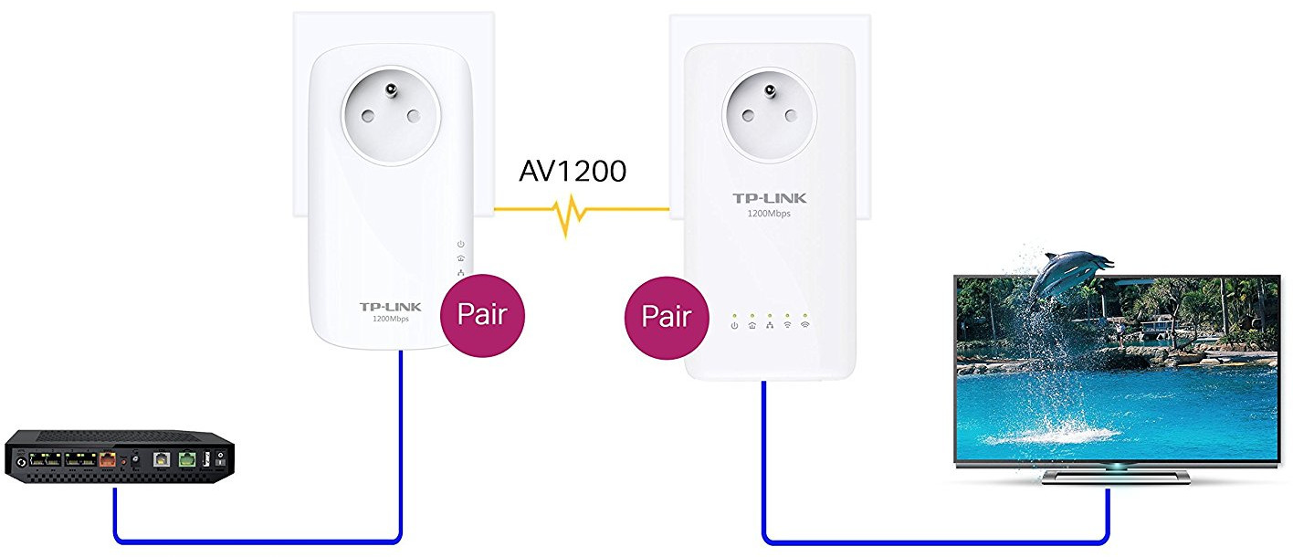 Two white TP-Link powerline adapters connected, one to a router, the other to a TV showing a dolphin.