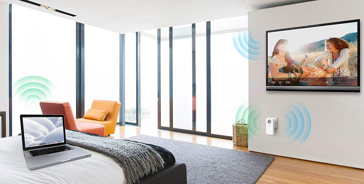 Laptop on bed, TV, wifi signals in room.