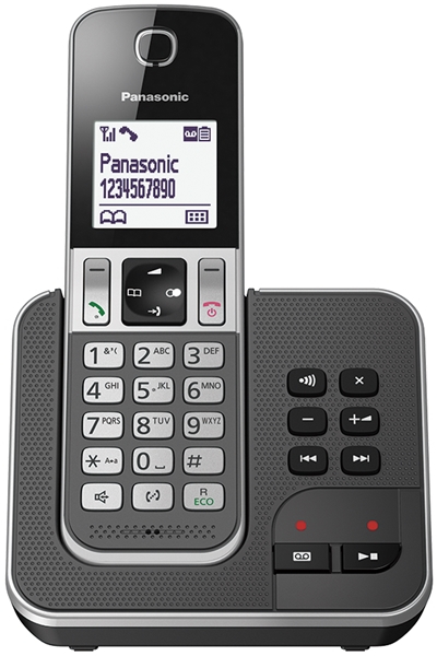 Black and gray Panasonic cordless phone with a base station and buttons.