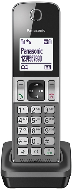 A cordless Panasonic phone in its charging base.