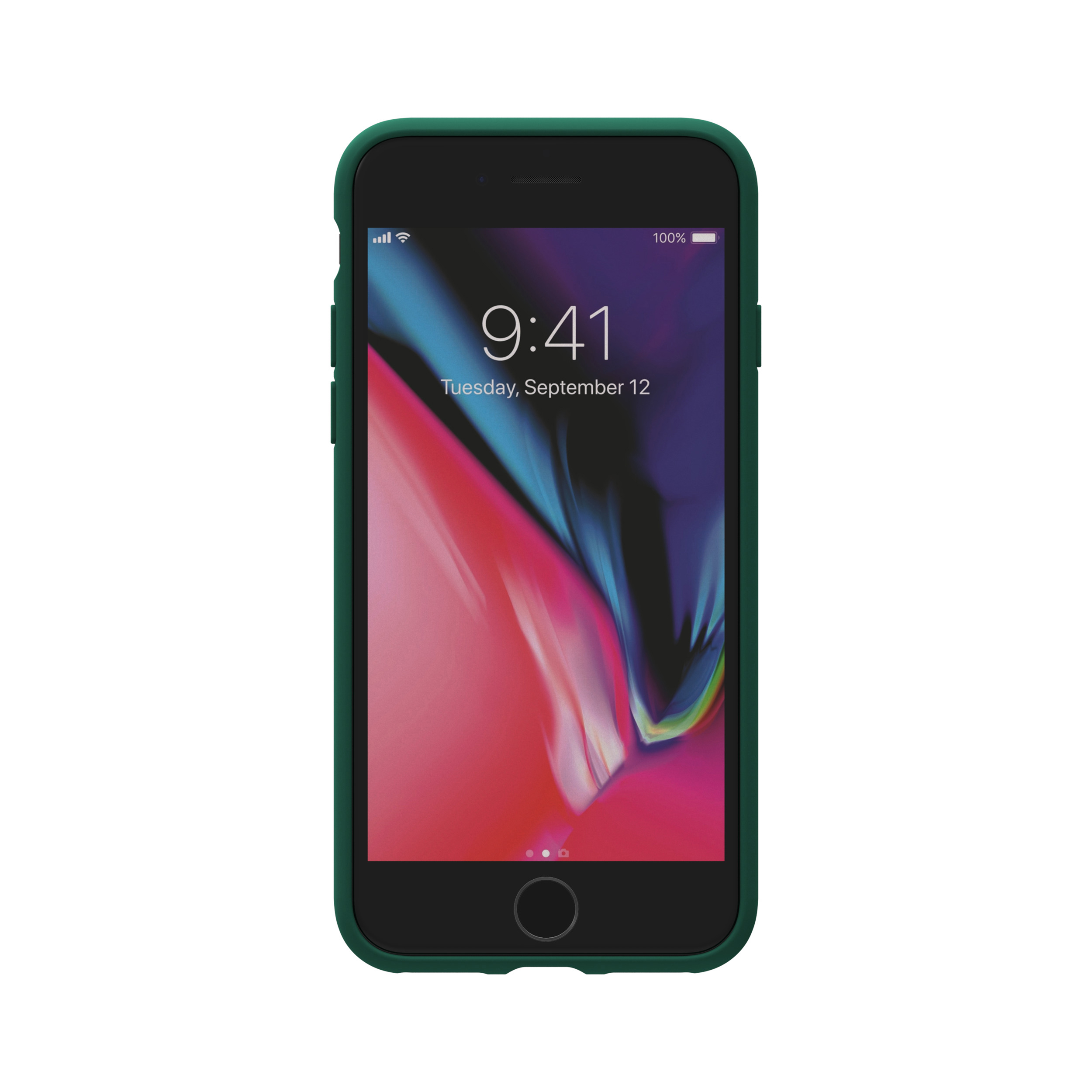 Ein iPhone in einer grünen Hülle. Der Bildschirm zeigt einen Homescreen mit Apps und die Uhrzeit.