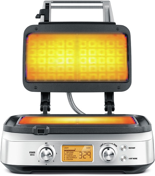 Ein Waffeleisen mit digitaler Anzeige, die Zeit und Einstellungen zeigt.