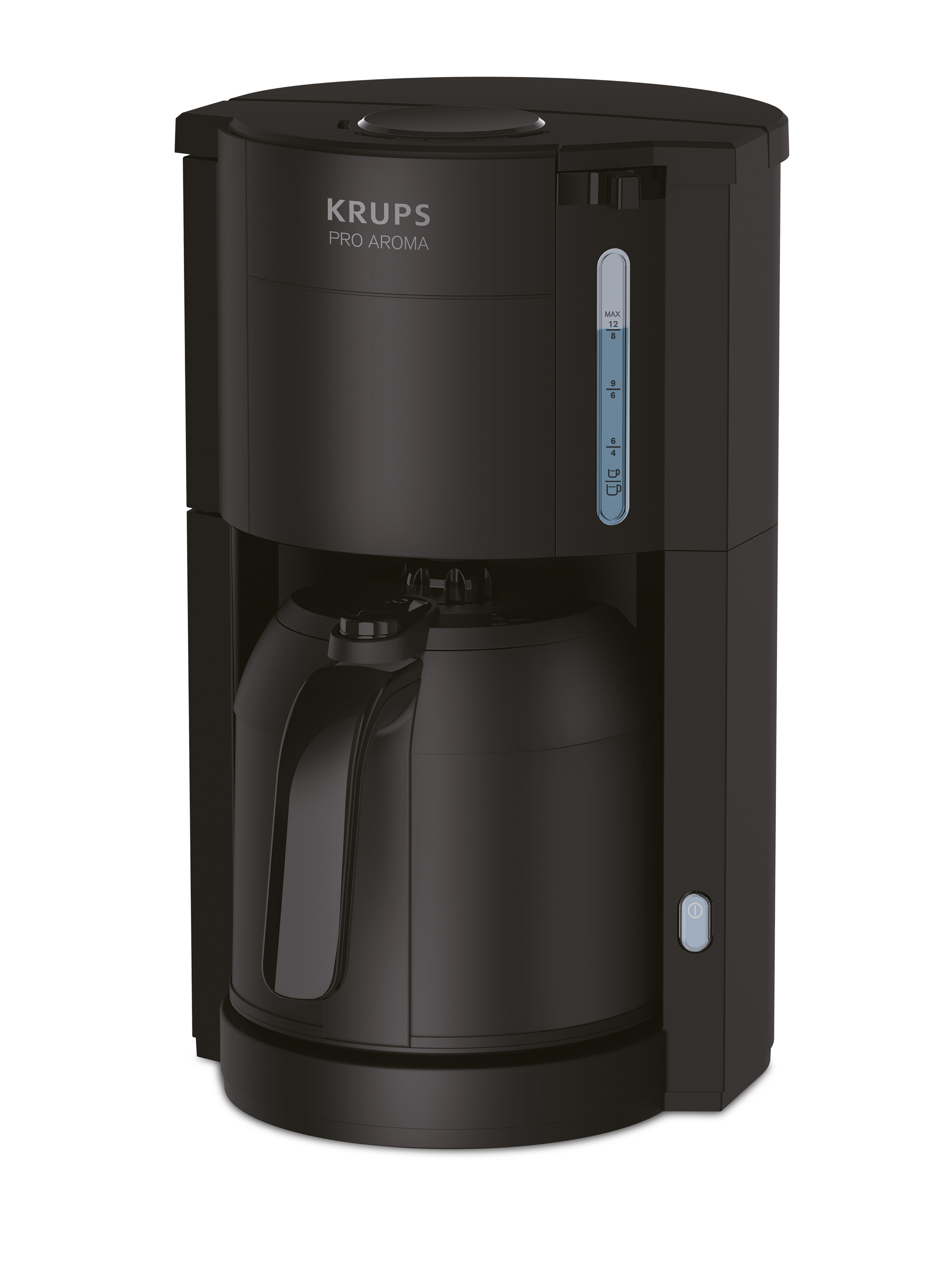 Schwarze Krups Pro Aroma Kaffeemaschine, Vorderansicht, auf weißem Hintergrund.