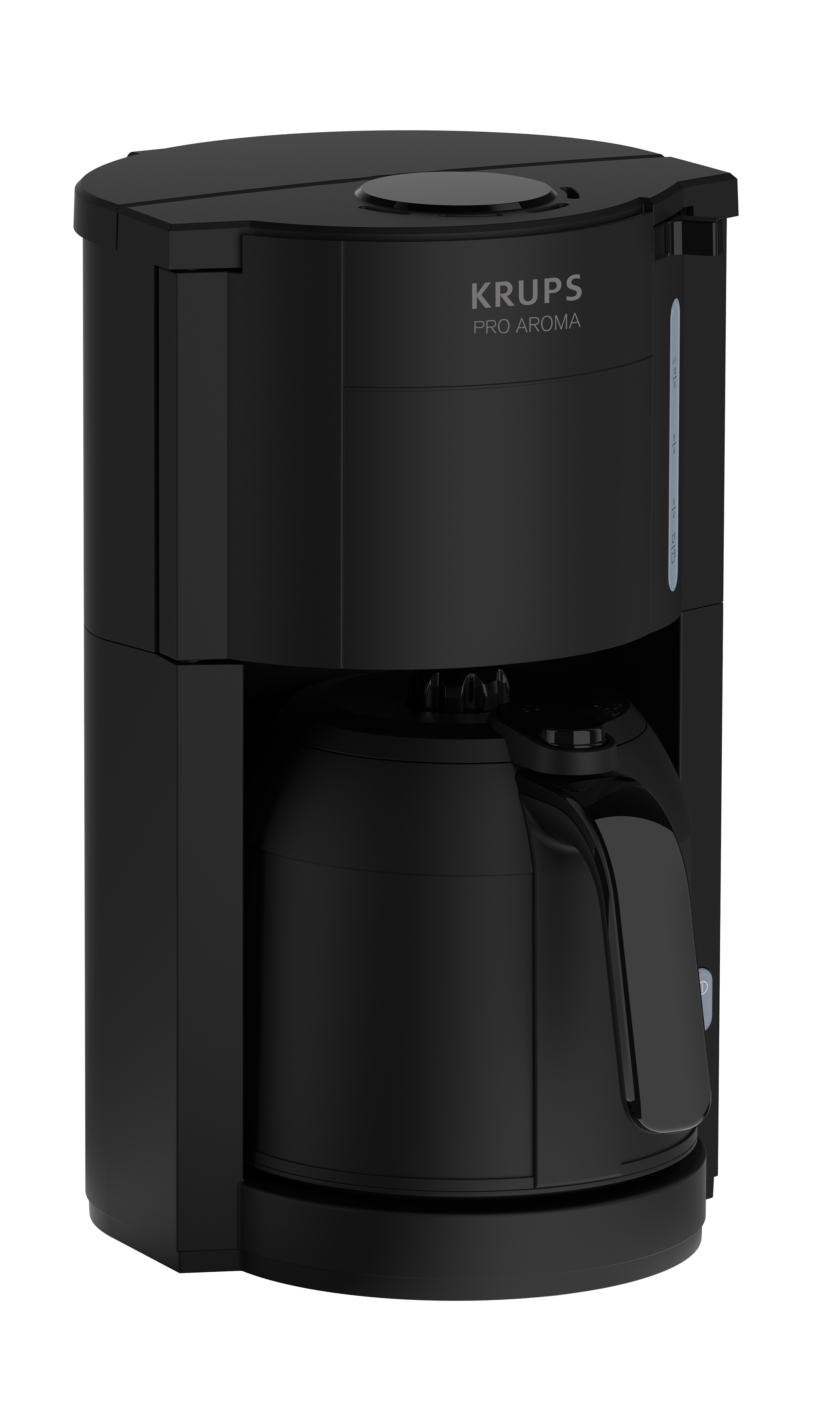 Eine schwarze Kaffeemaschine mit dem Namen "KRUPS" auf der Vorderseite. Sie hat eine Wasserstandsanzeige.