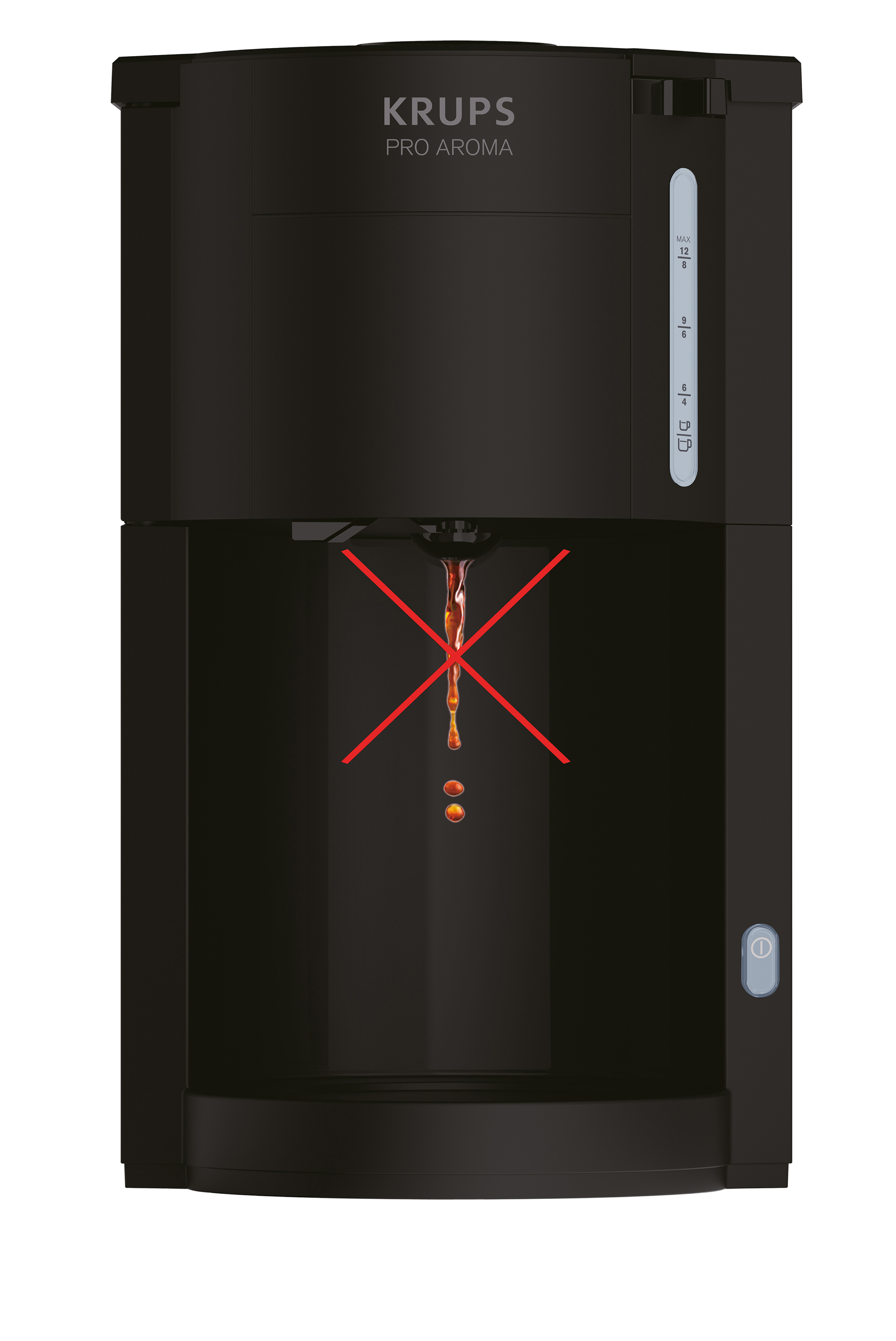 Schwarze KRUPS Pro Aroma Kaffeemaschine. Rotes X über tropfendem Kaffee. Weißer Hintergrund.