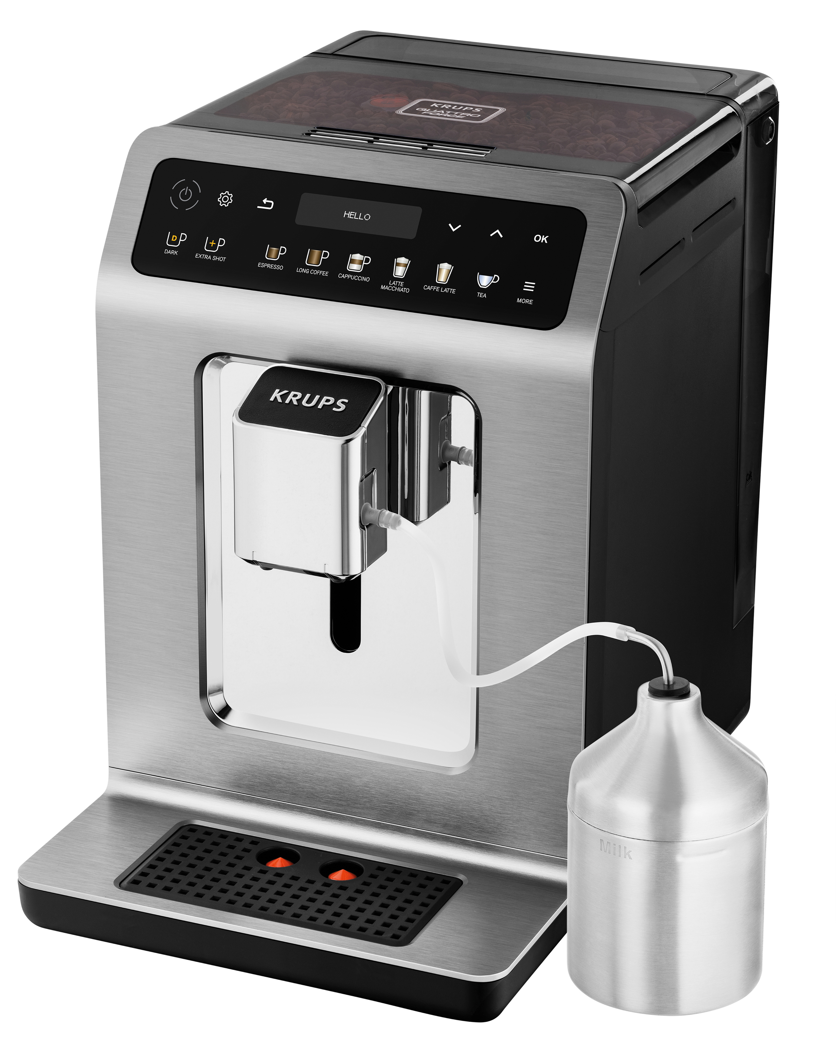 Eine silberne und schwarze Krups Espressomaschine mit Display, Wasserbehälter und einem Milchtank.