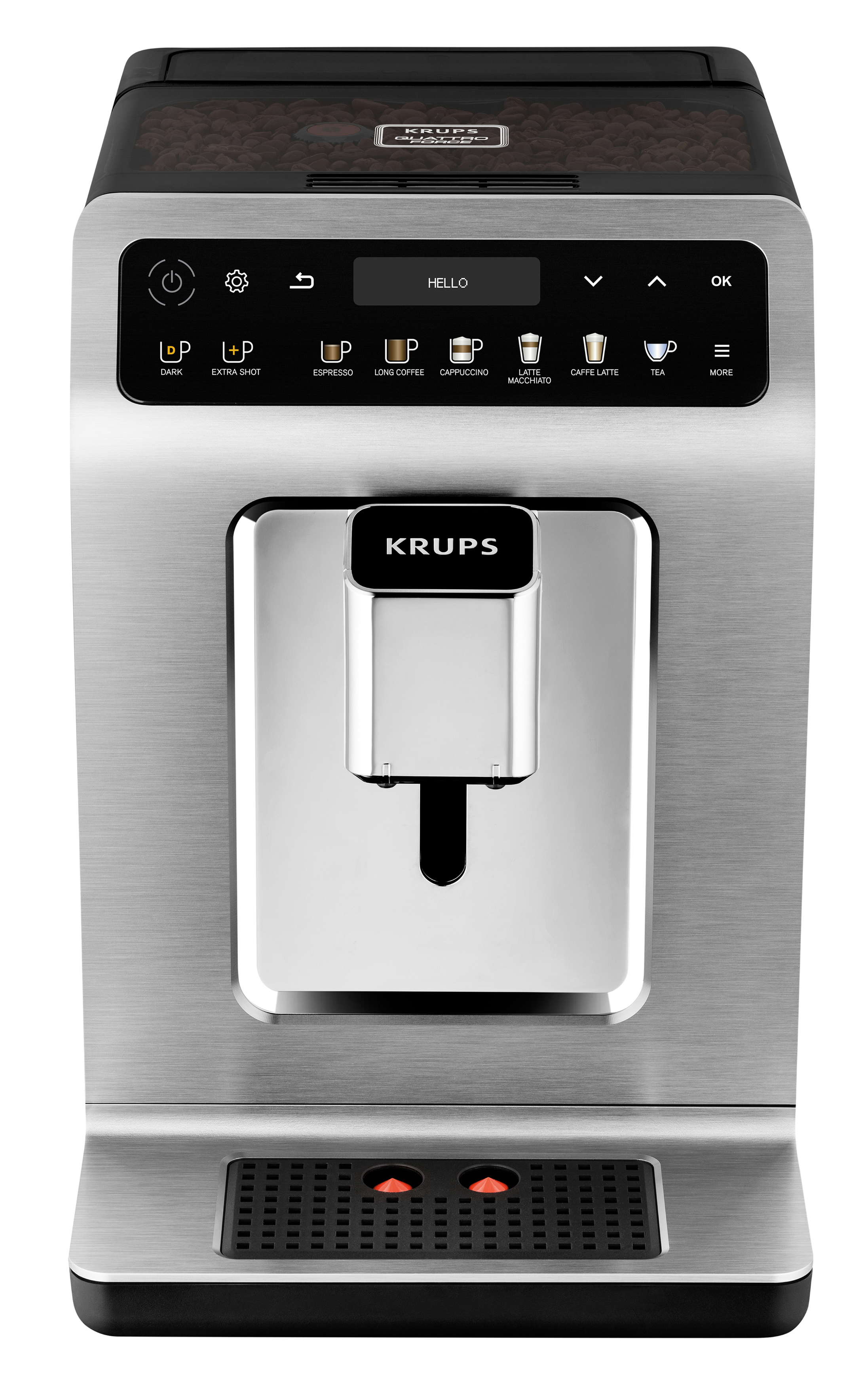 Eine silberne Krups Kaffeemaschine mit einem Bohnenbehälter.