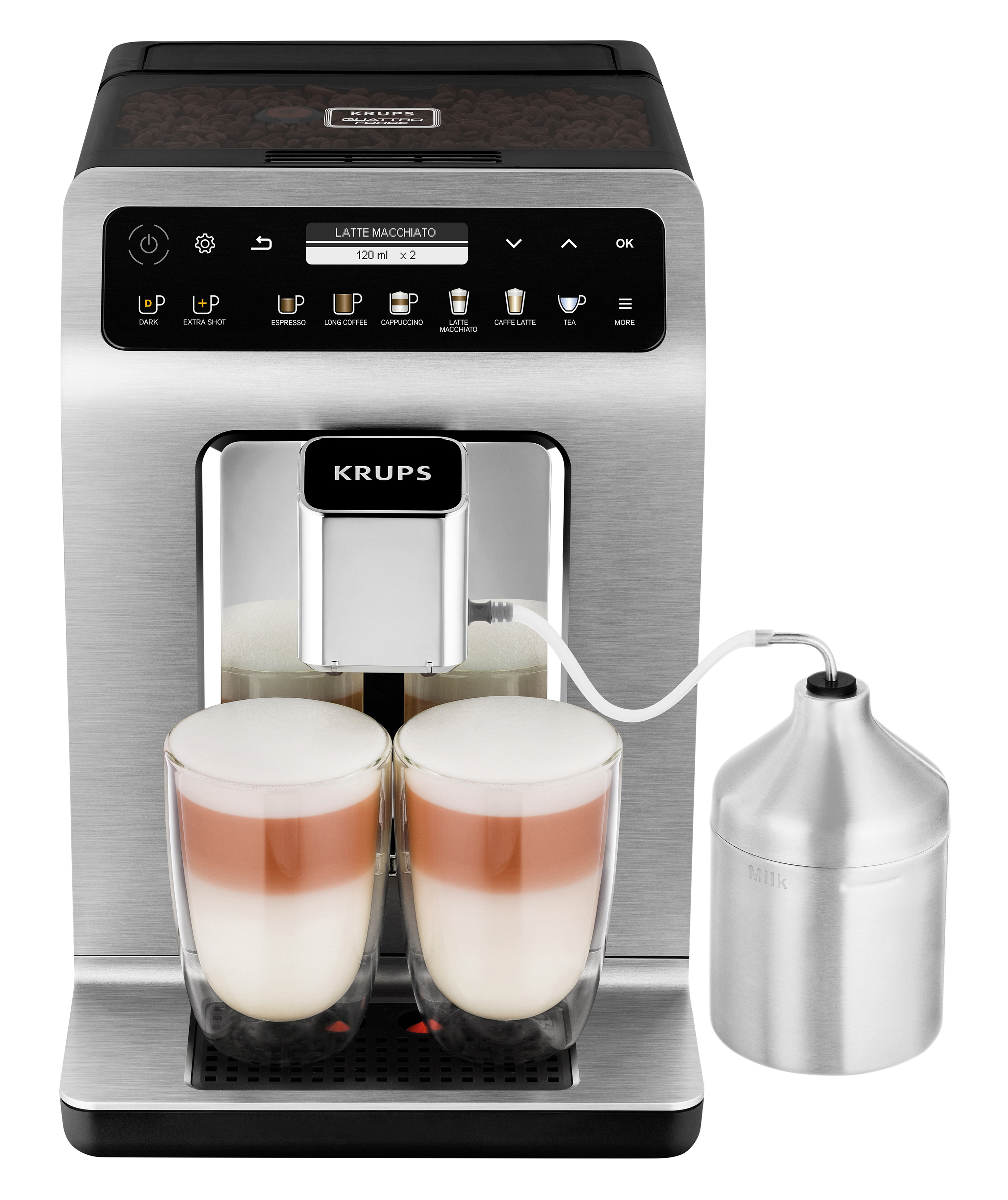 Krups Kaffeemaschine mit zwei Gläsern Latte Macchiato, die ausgegeben werden, mit einem Milchbehälter rechts.