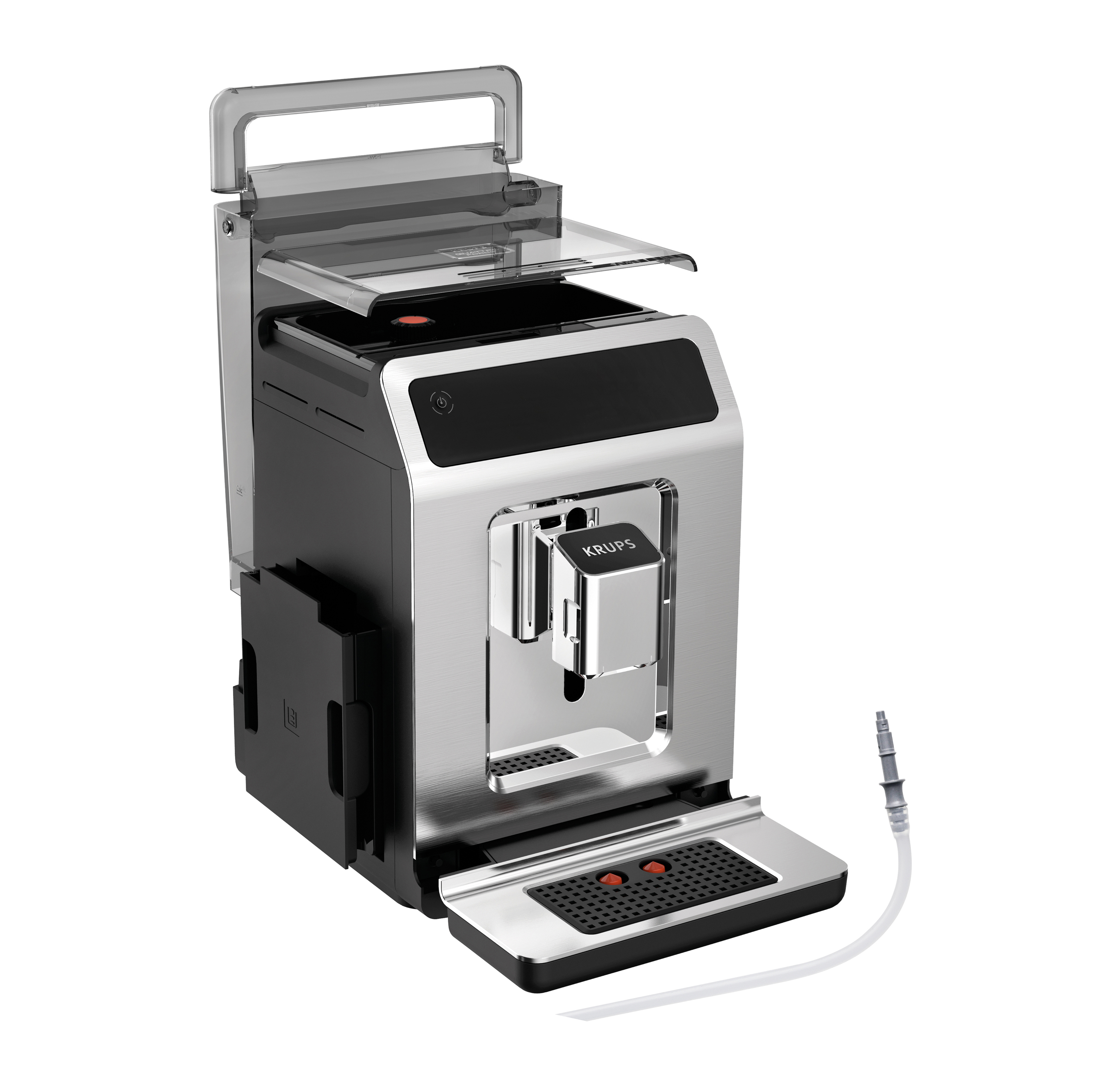 Silber-schwarze Krups Kaffeemaschine mit Wasserbehälter und Ausguss.