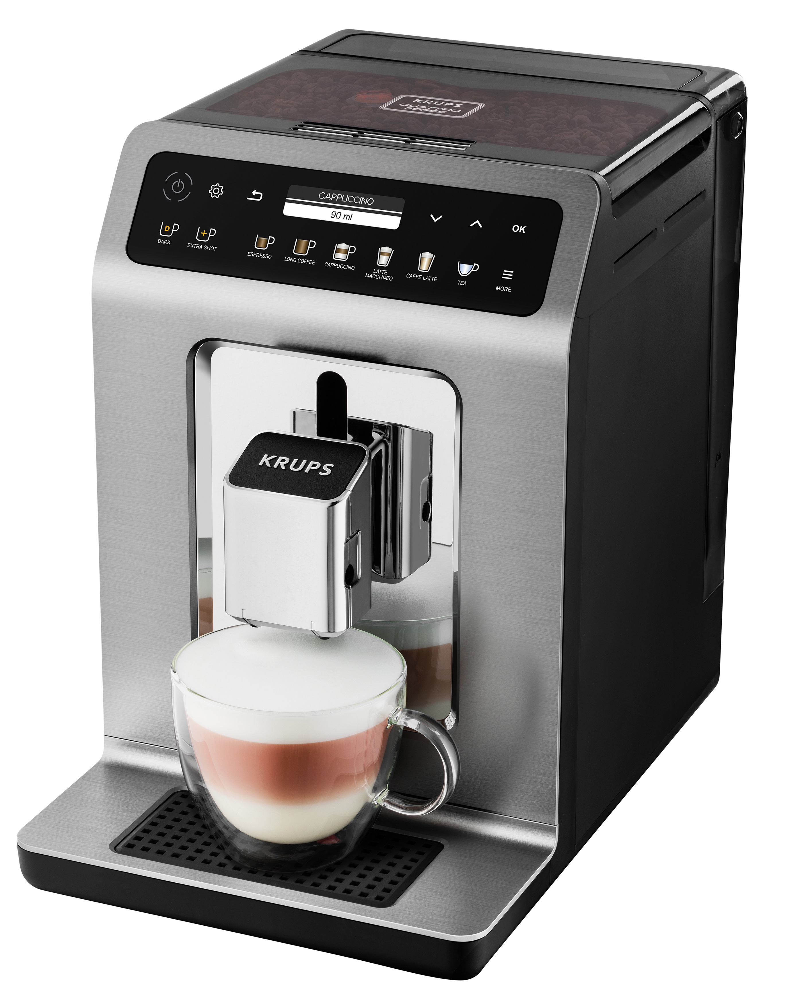 Kaffeemaschine mit Kaffeepads und Tassen verschiedener Kaffeegetränke.