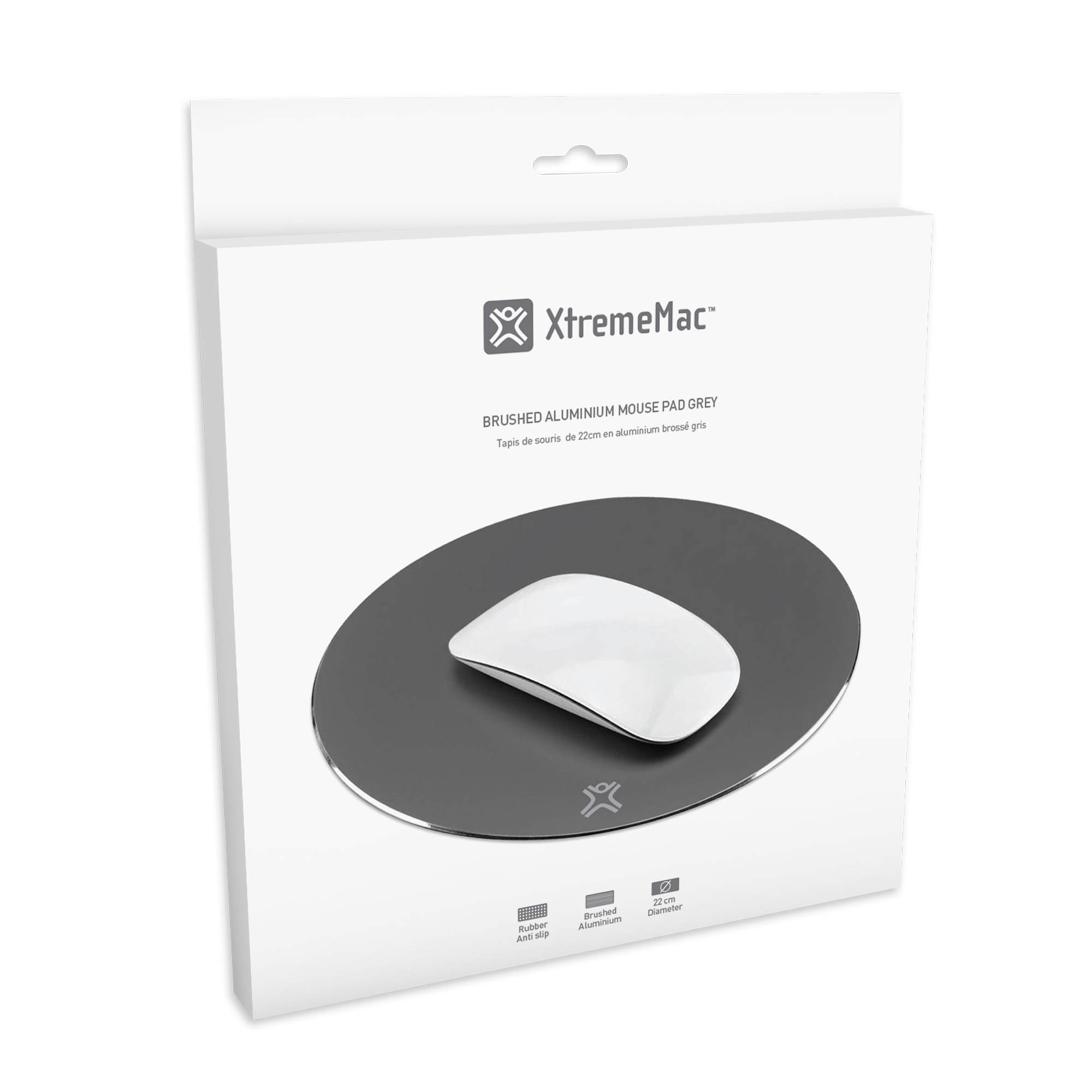 Ein Mauspadd in einer weißen Box. Es ist grau und rund mit einer weißen Maus darauf. Text auf der Box lautet XtremeMac.