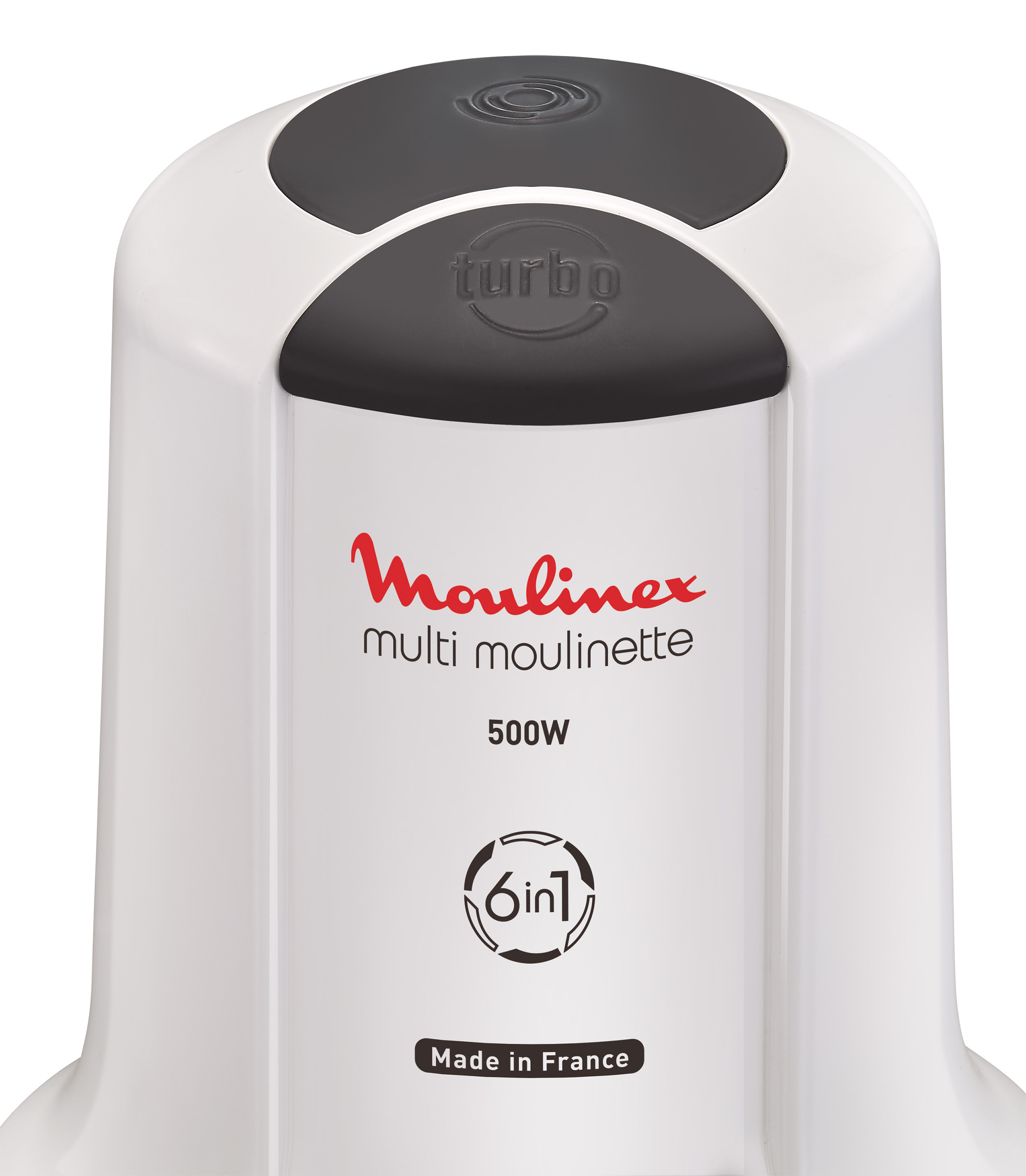 Ein weißer Moulinex Multi Moulinette 6-in-1-Küchenmaschine mit einer Turbo-Taste.