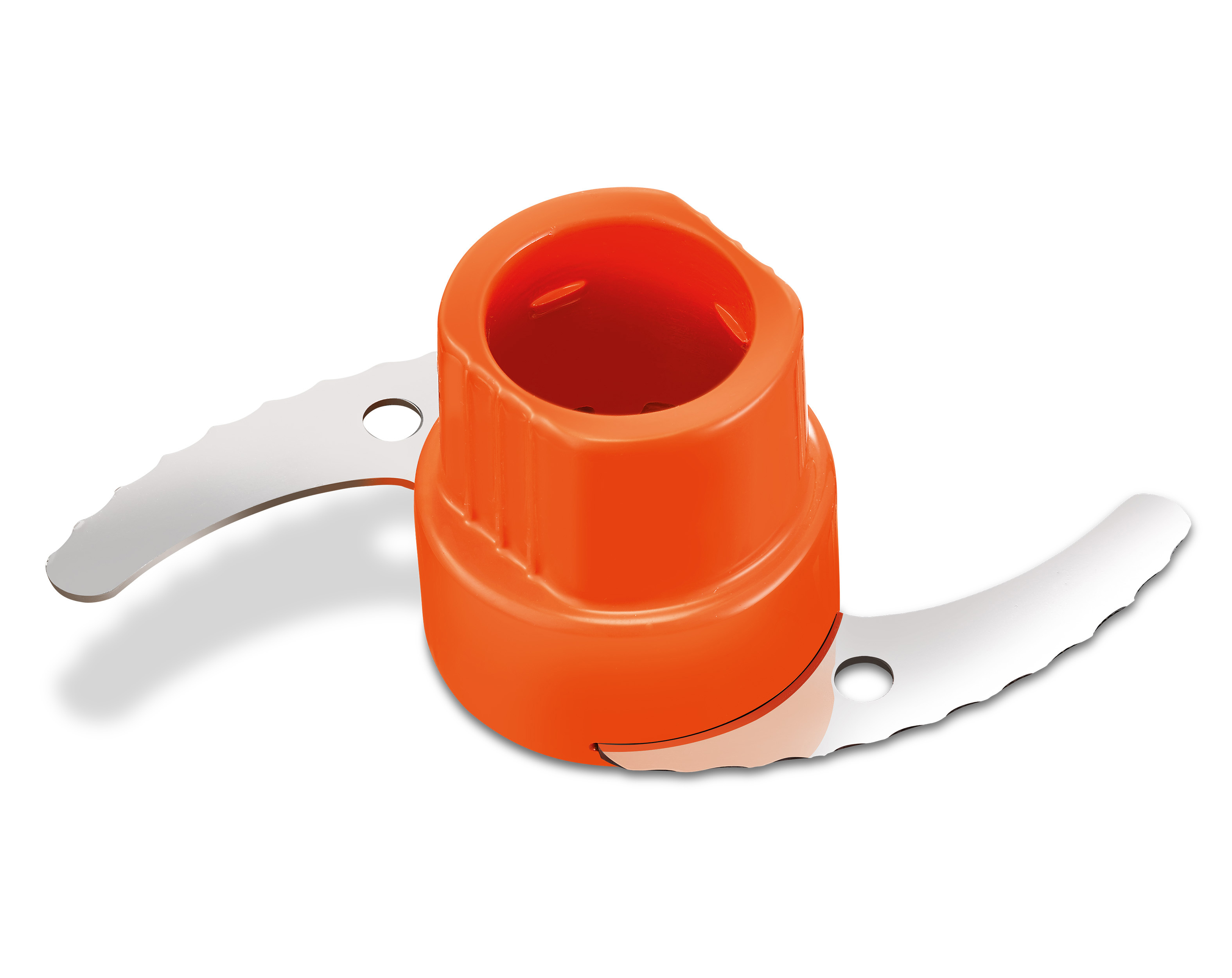 Orangenes und silbernes Küchenmaschinenmesser mit zwei gebogenen, scharfen Klingen.