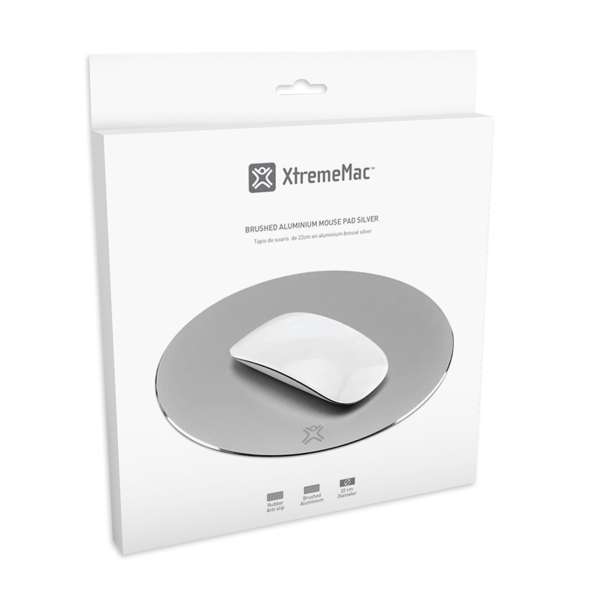 Eine weiße Schachtel mit einem silbernen Mauspad und einer weißen Maus. Text: XtremeMac, Brushed Aluminium Mouse Pad Silver.