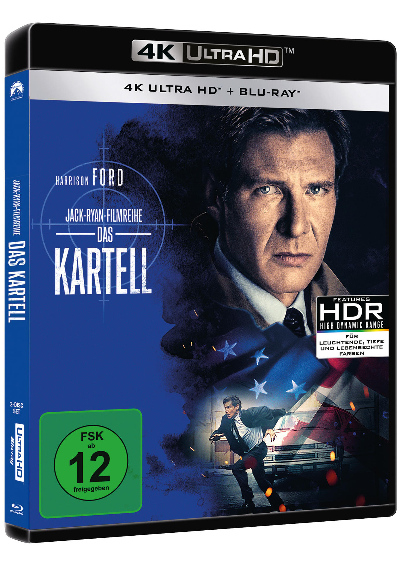 Blu-ray-Filmcover mit Harrison Ford. Titel auf Deutsch: "Das Kartell". Das Cover hat ein blaues und weißes Design.