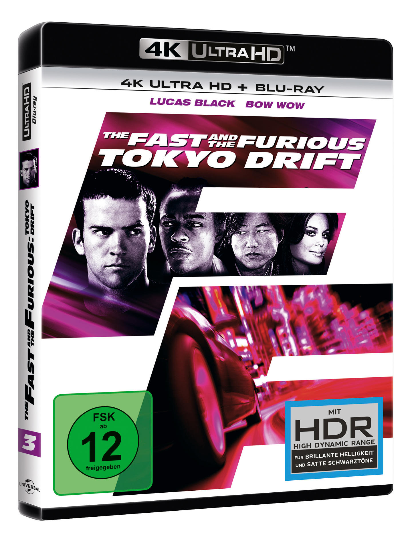 DVD-Hülle für The Fast and The Furious: Tokyo Drift. Auto und Schauspieler auf dem Cover. Text und Logos. Weißer Hintergrund.