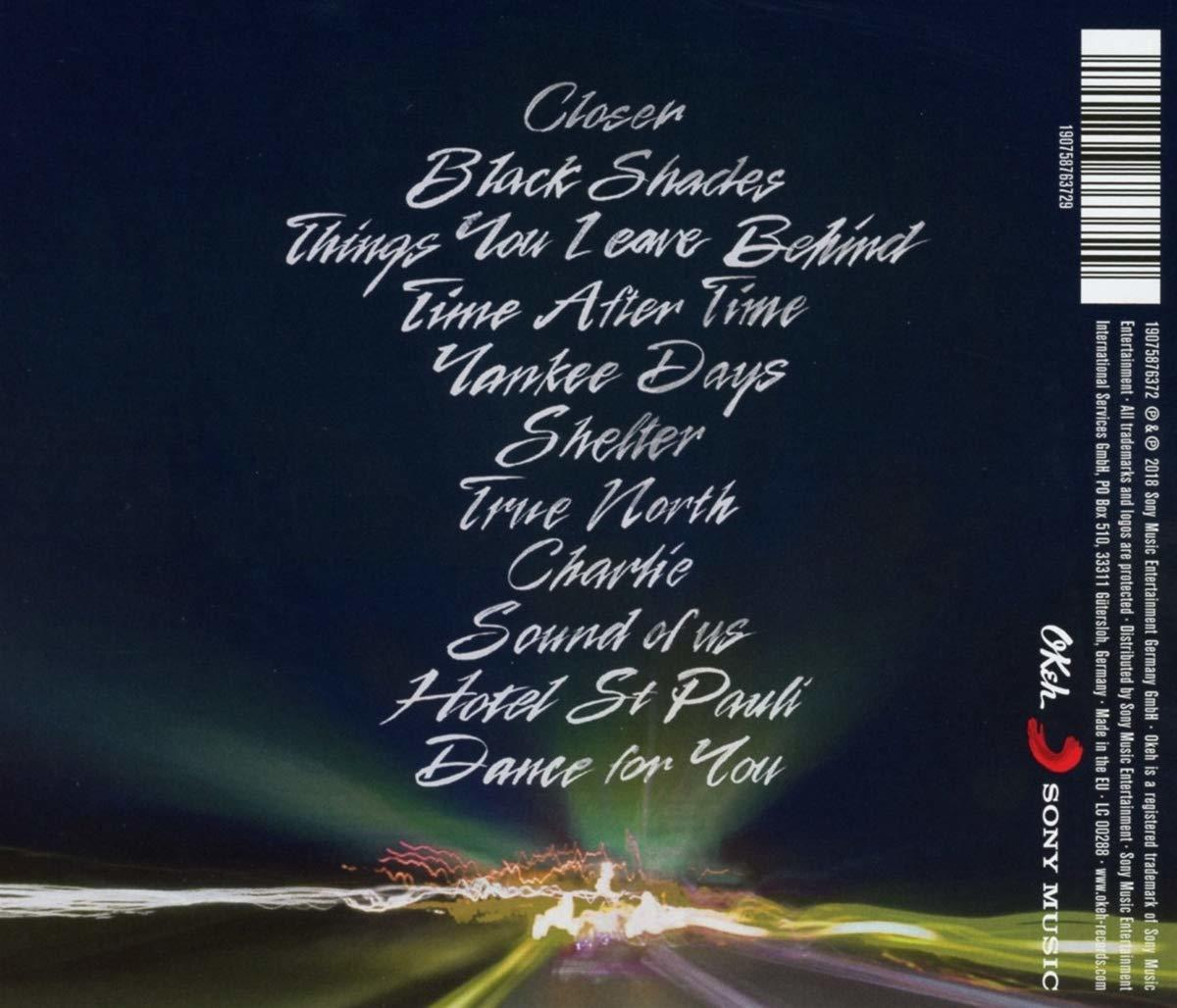 Die Rückseite eines Albums mit Songtiteln in Weiß auf dunklem blauem Hintergrund.
