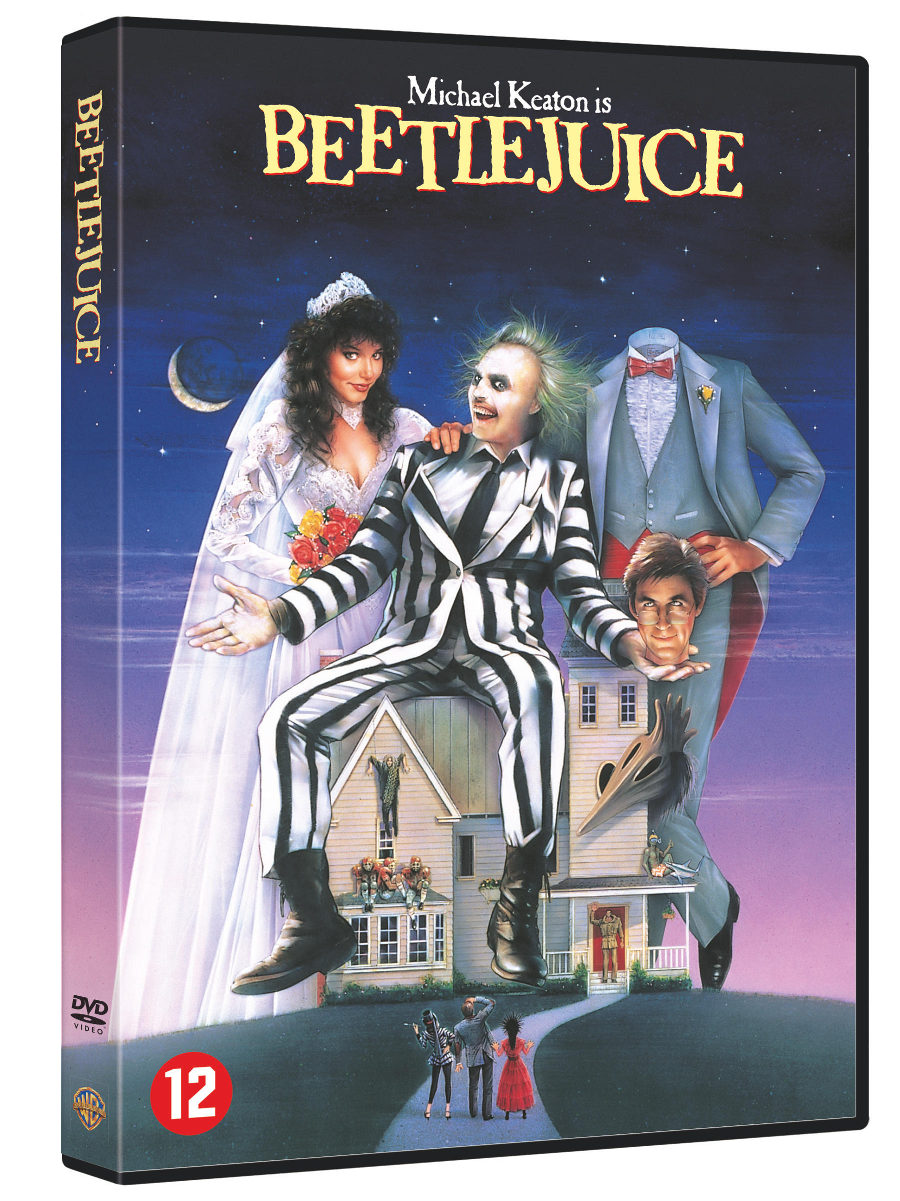 De Beetlejuice dvd-hoes. Het toont Michael Keaton, een bruid en een huis met een spookachtige lucht.