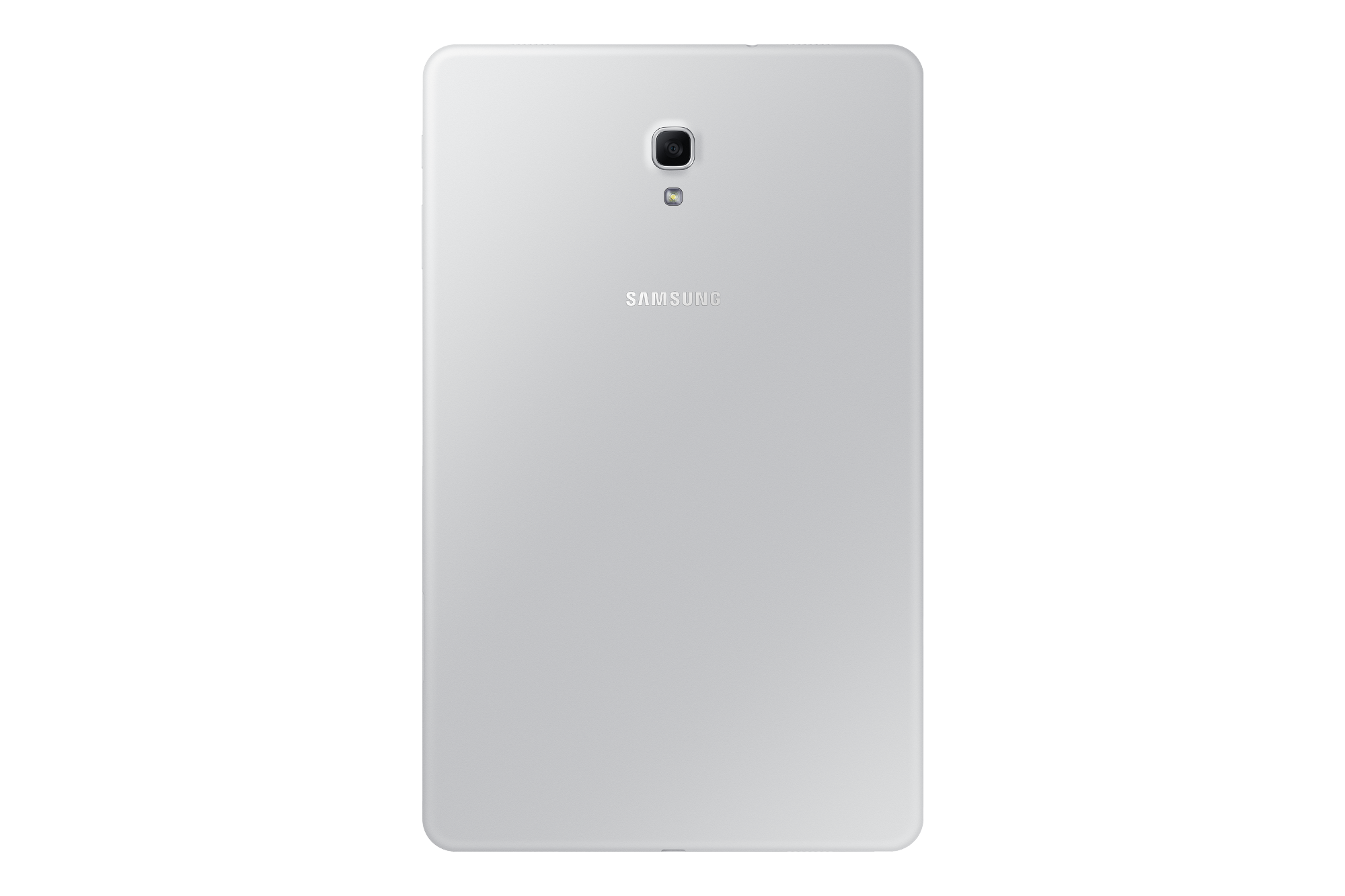 Gümüş renkli Samsung tablet, arka görünüm, kamera merceği ve Samsung logosu.