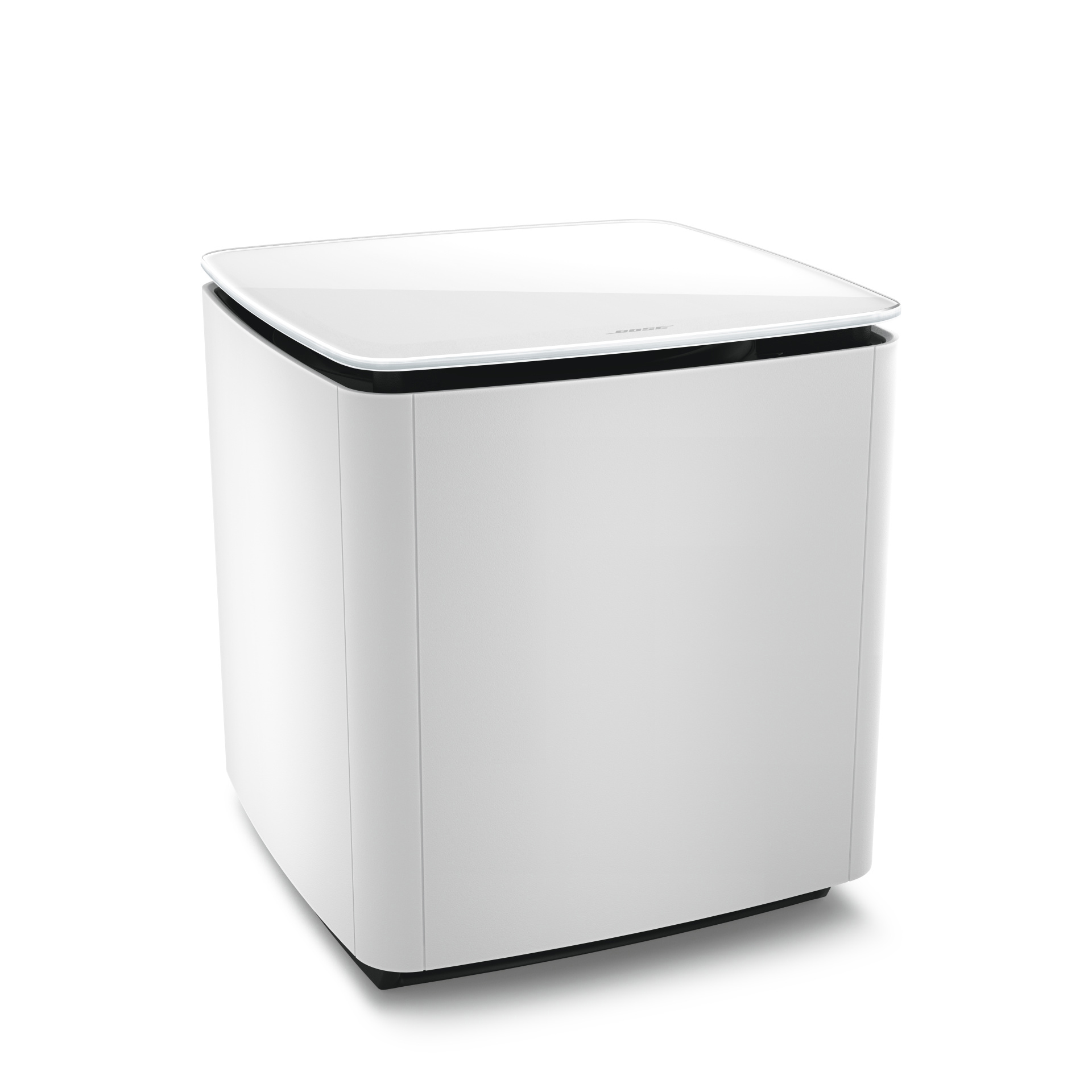 Ein weißer, quadratischer Bose-Subwoofer mit glänzender Oberseite und schwarzem Sockel.