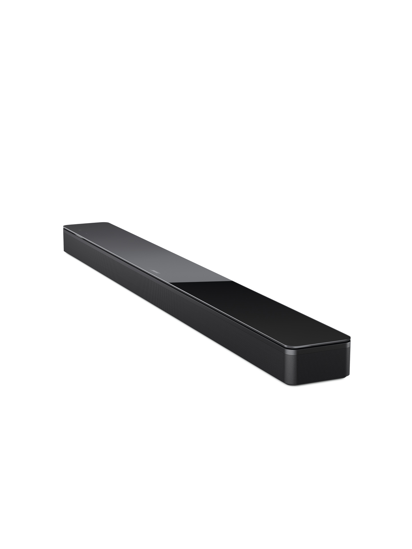 Eine schwarze Soundbar auf weißem Hintergrund.