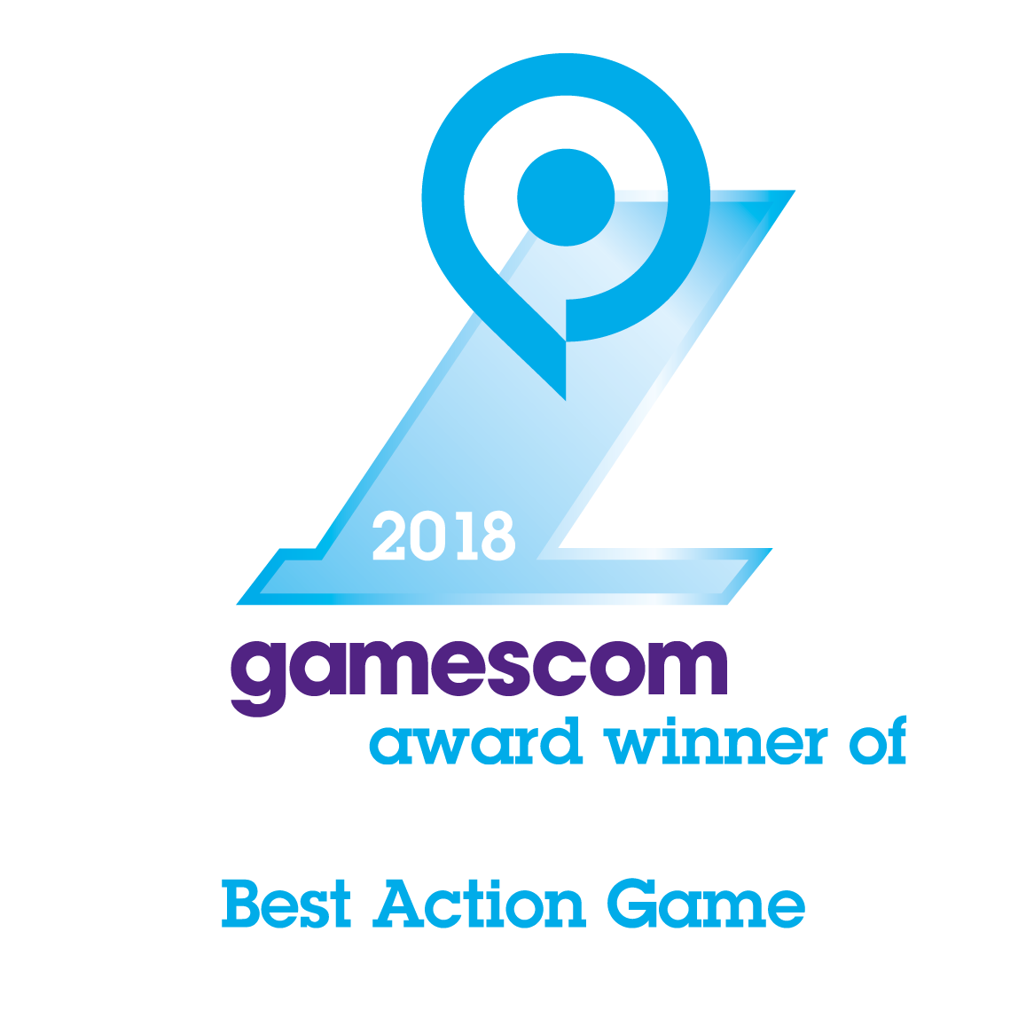 Blaues Gamescom 2018-Award-Logo auf schwarzem Hintergrund. Text: 'Best Action Game'.