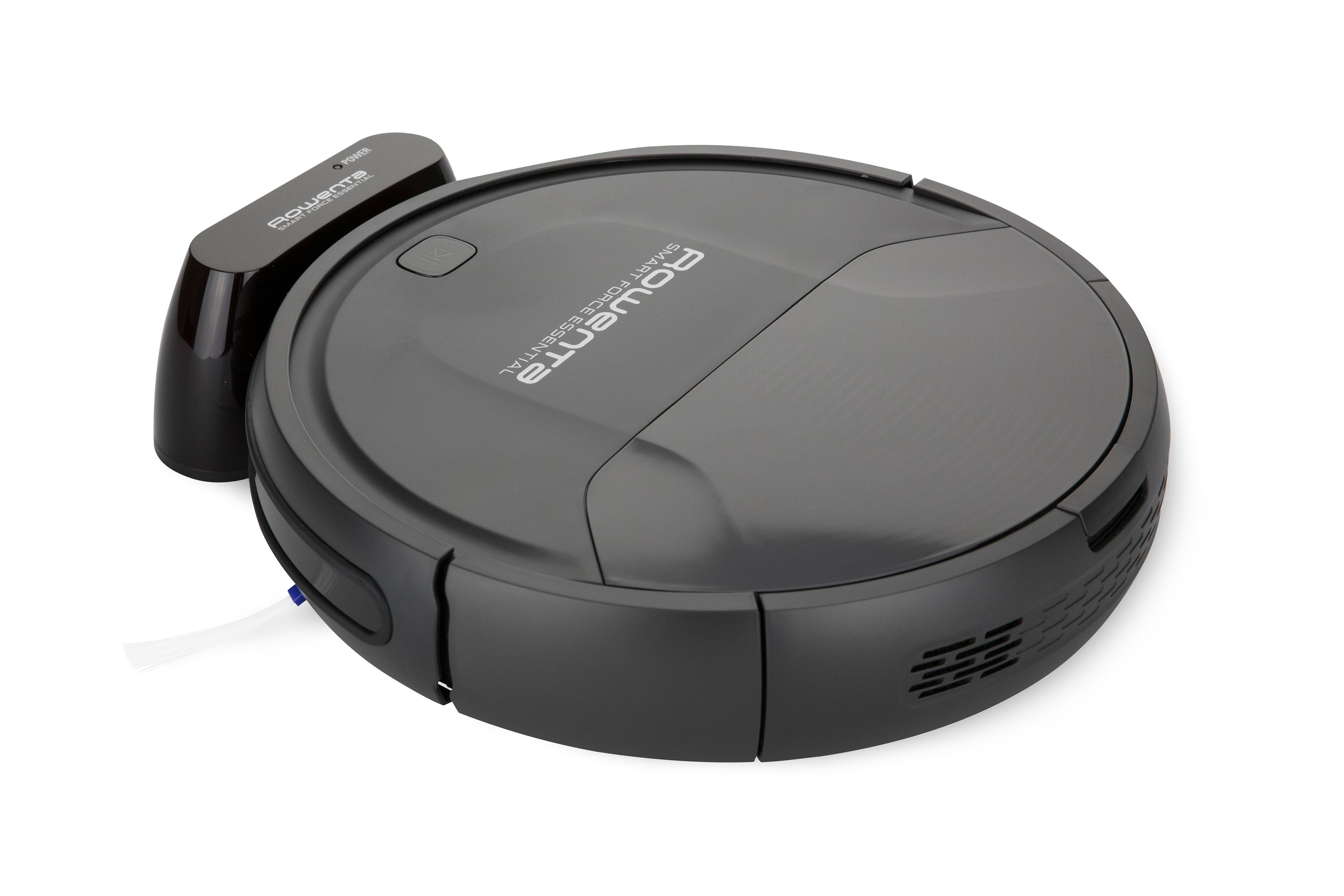 Ein dunkelgrauer Rowenta Smart Force Essential Roboter-Staubsauger und eine Ladestation auf weißem Grund.