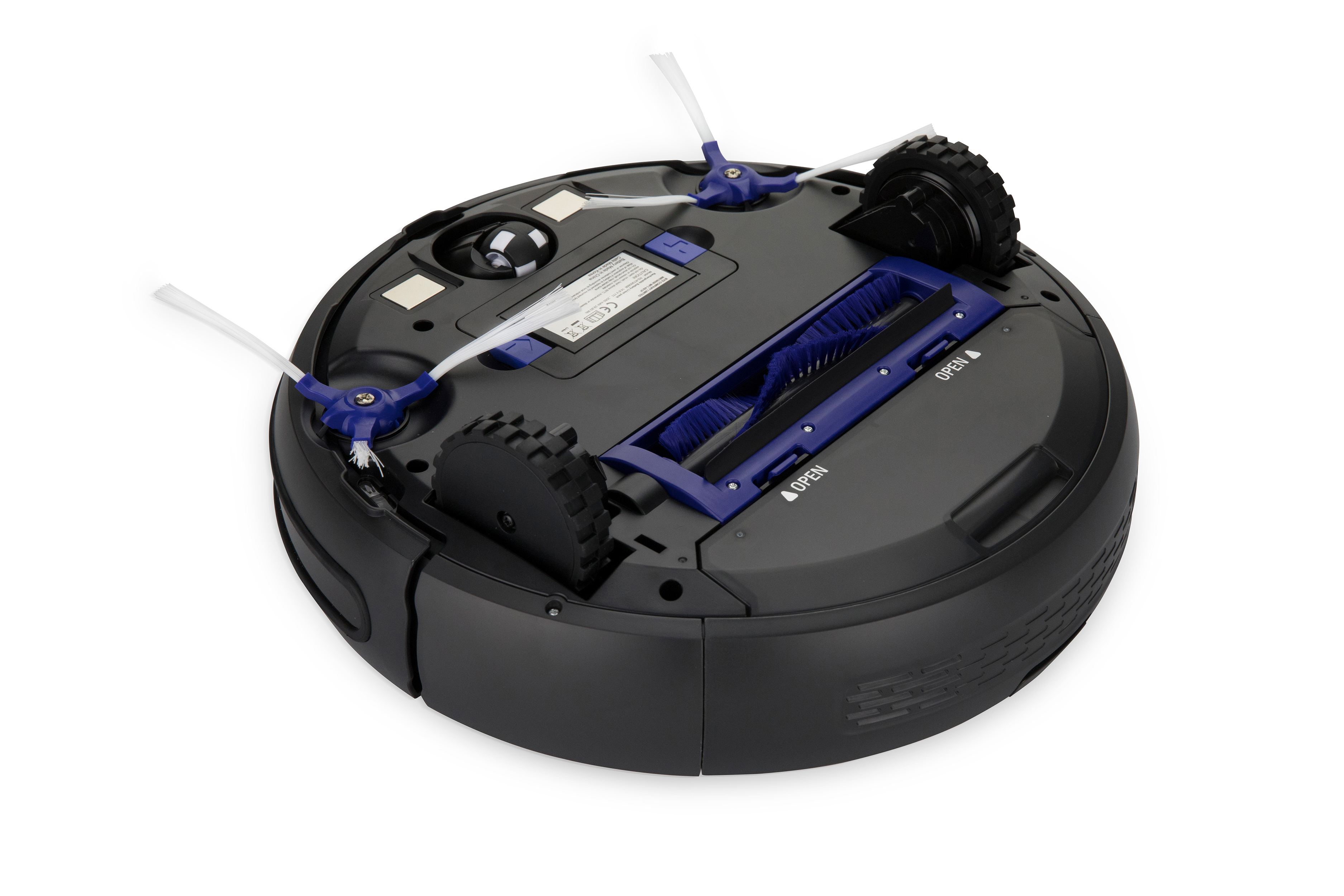 Schwarzer Roboter-Staubsauger auf Weiß. Blaue Bürste und Räder sind sichtbar. Die Unterseite wird gezeigt.