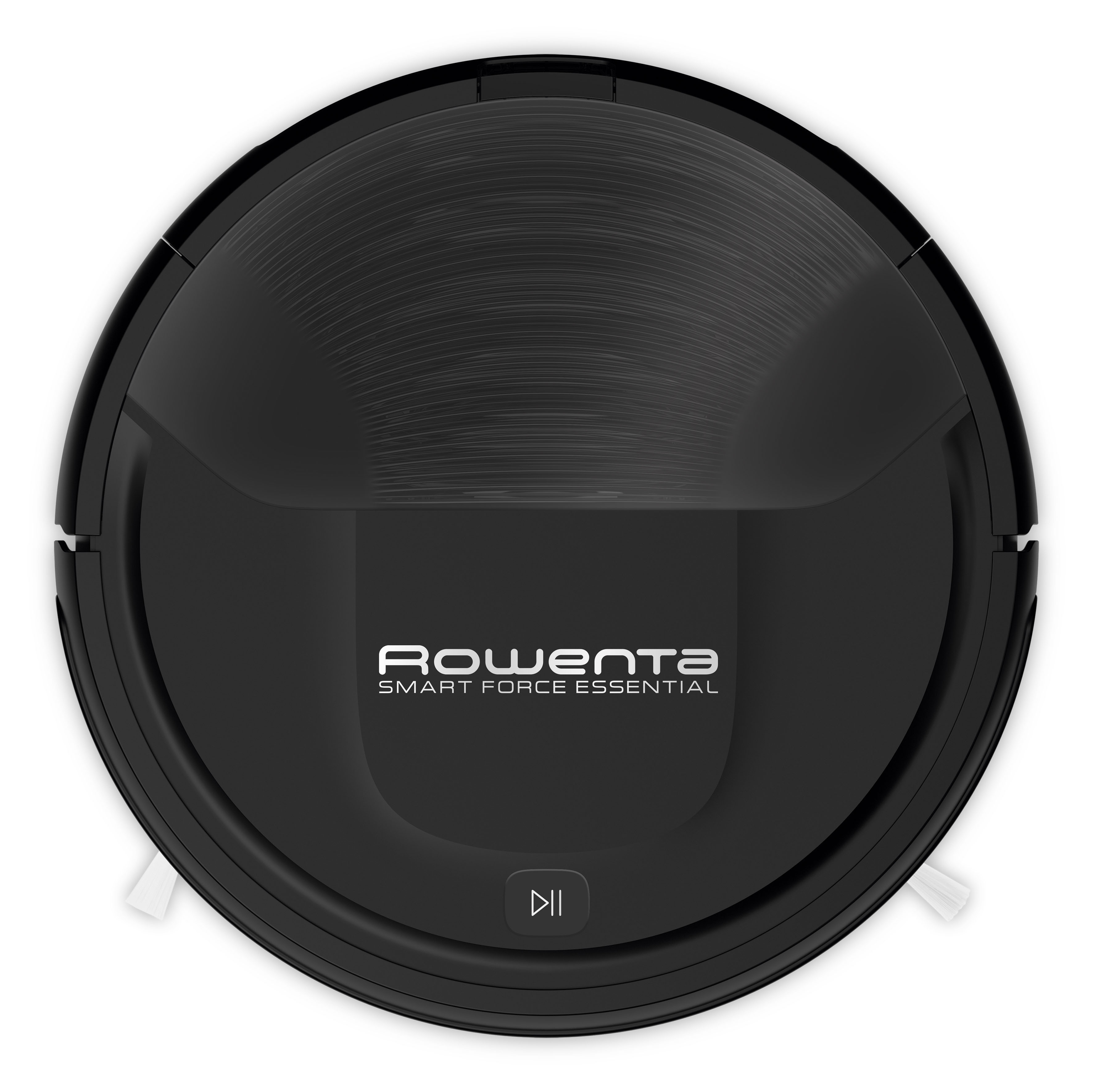 Schwarzer Rowenta Smart Force Essential Roboter-Staubsauger auf weißem Hintergrund. Hat eine Wiedergabe/Pause-Taste.