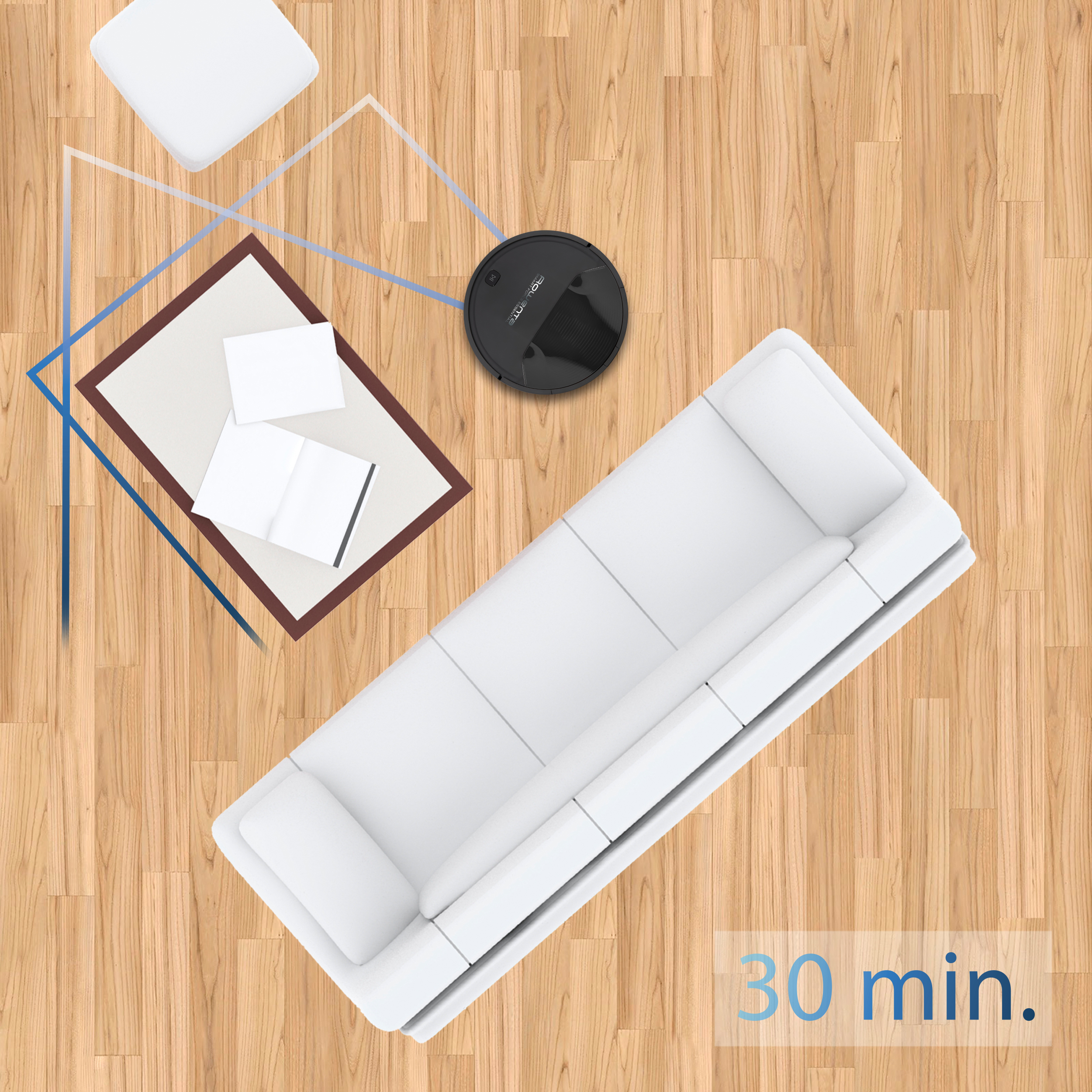 Draufsicht eines Raumes mit weißem Sofa, Couchtisch, Roboterstaubsauger und Timer mit 30 Min.