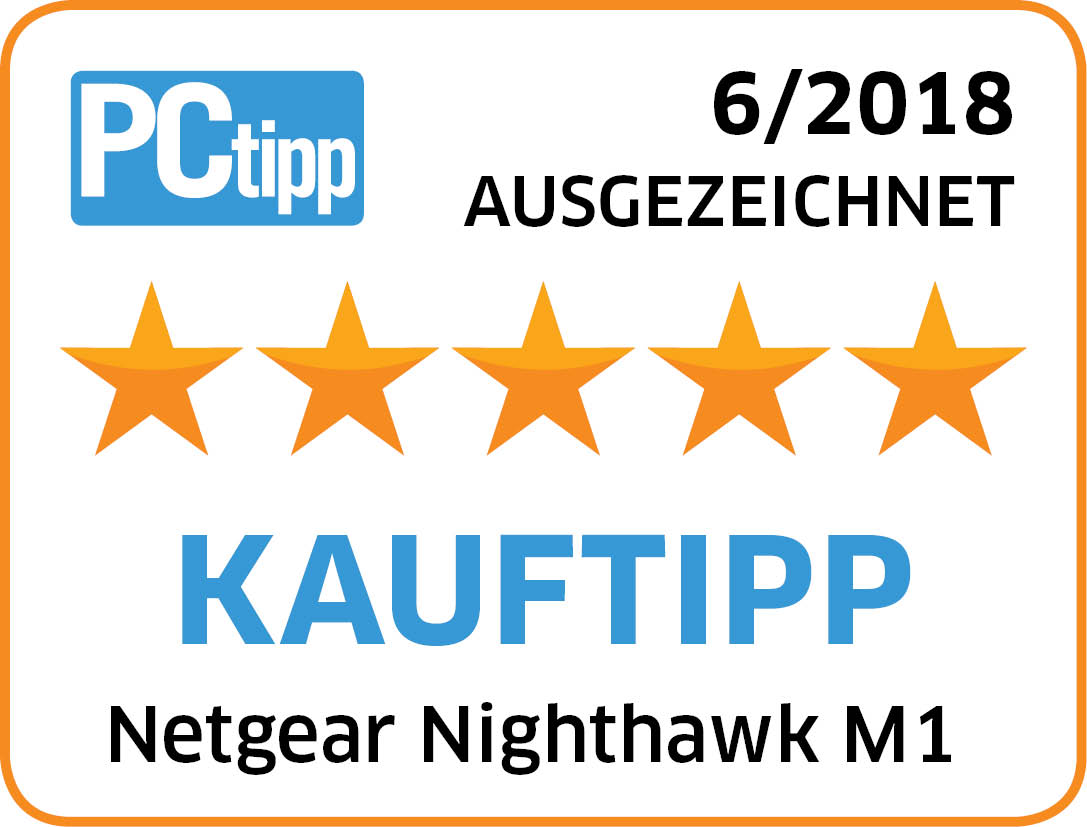 PCtipp-Auszeichnung mit 5 Sternen. Text: 'Kauftipp' und 'Netgear Nighthawk M1'.