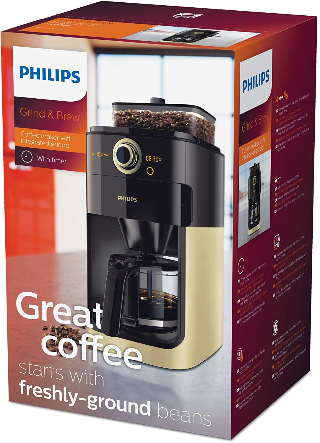 PHILIPS Kaffeemaschine HD7768/90 mit Mahlwerk Grind & Brew mit Timer schwarz-edelstahl