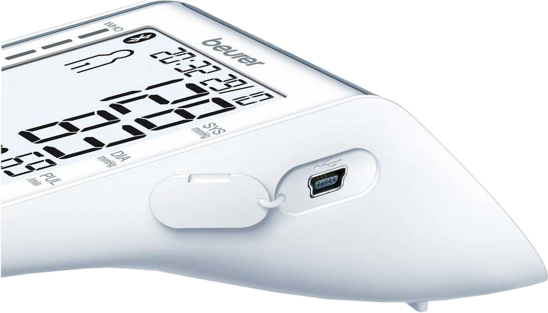 Un misuratore di pressione sanguigna bianco con display digitale. Mostra le letture e una porta USB.